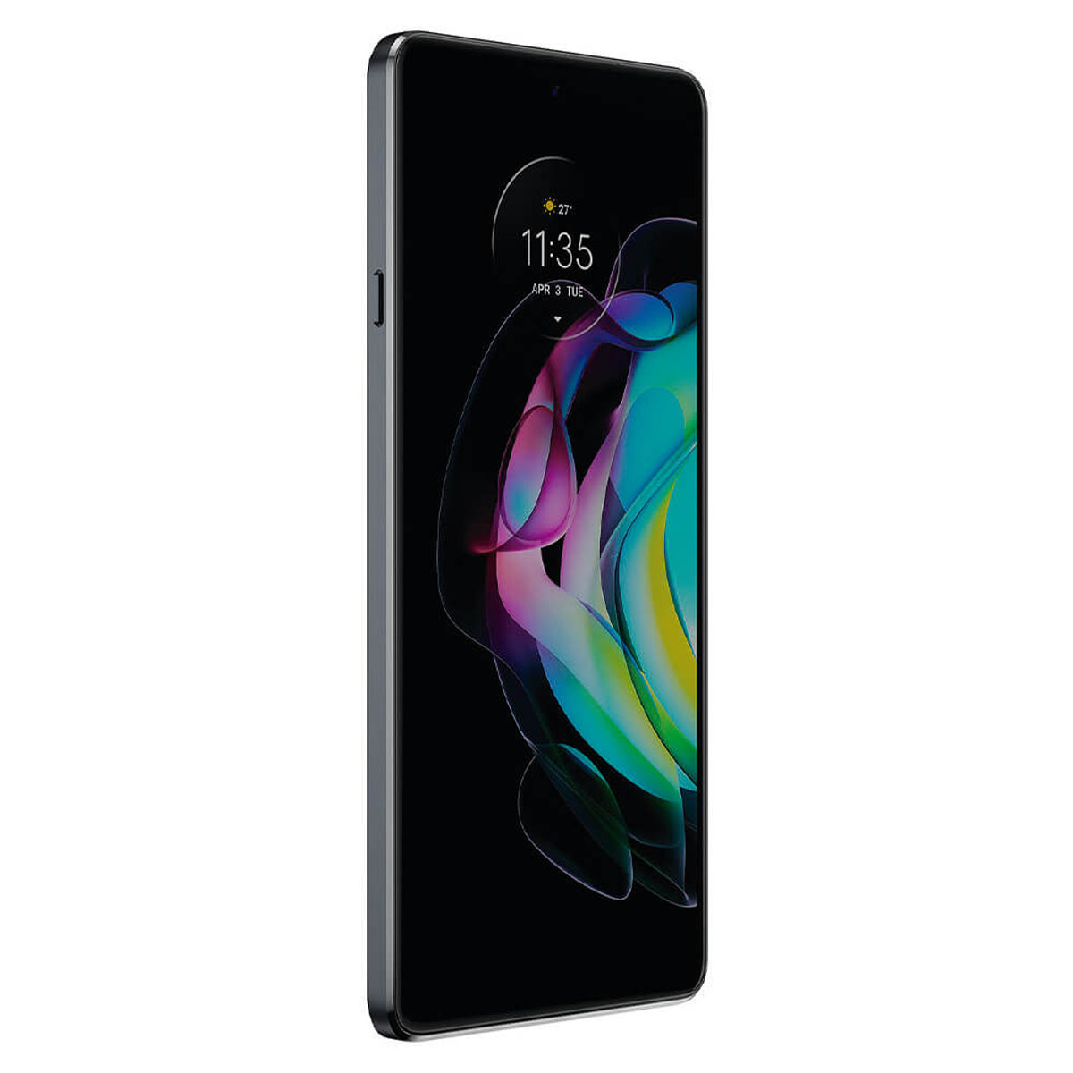 Smartfon z ciemnym ekranem wyświetlającym abstrakcyjną, kolorową grafikę.