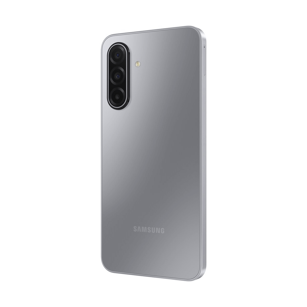 Tył srebrnego smartfona Samsung z trzema obiektywami aparatu.