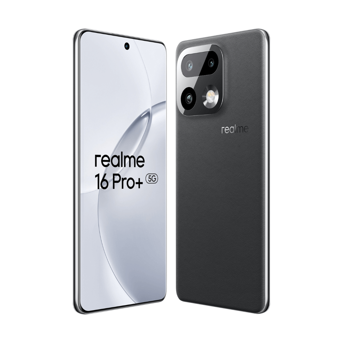 Zwei Realme Smartphones, eines vorne mit hellem Display, eines hinten in Grau mit Kamera.