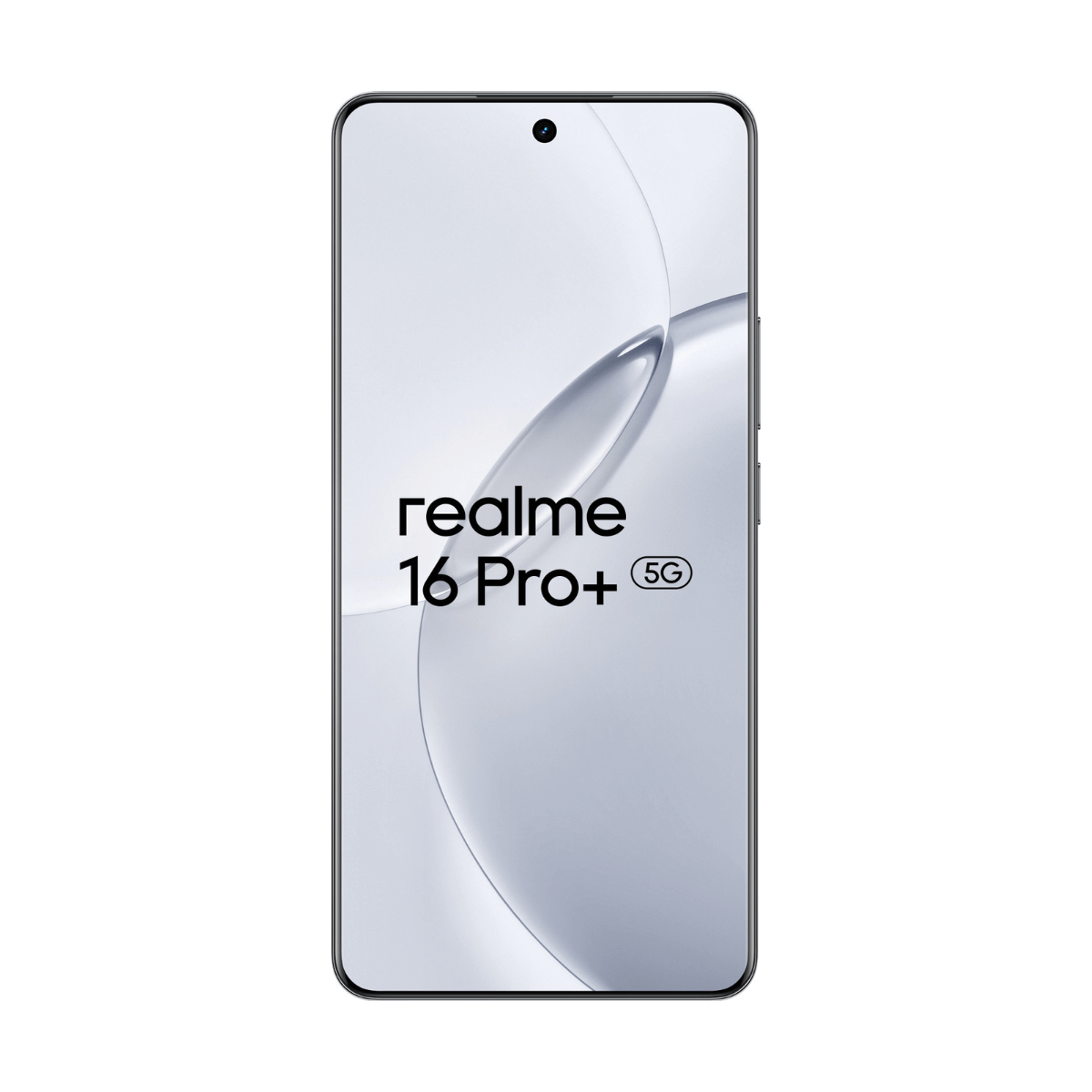 Ein Realme 16 Pro+ 5G Smartphone mit weißem Hintergrund und simuliertem Kreis.