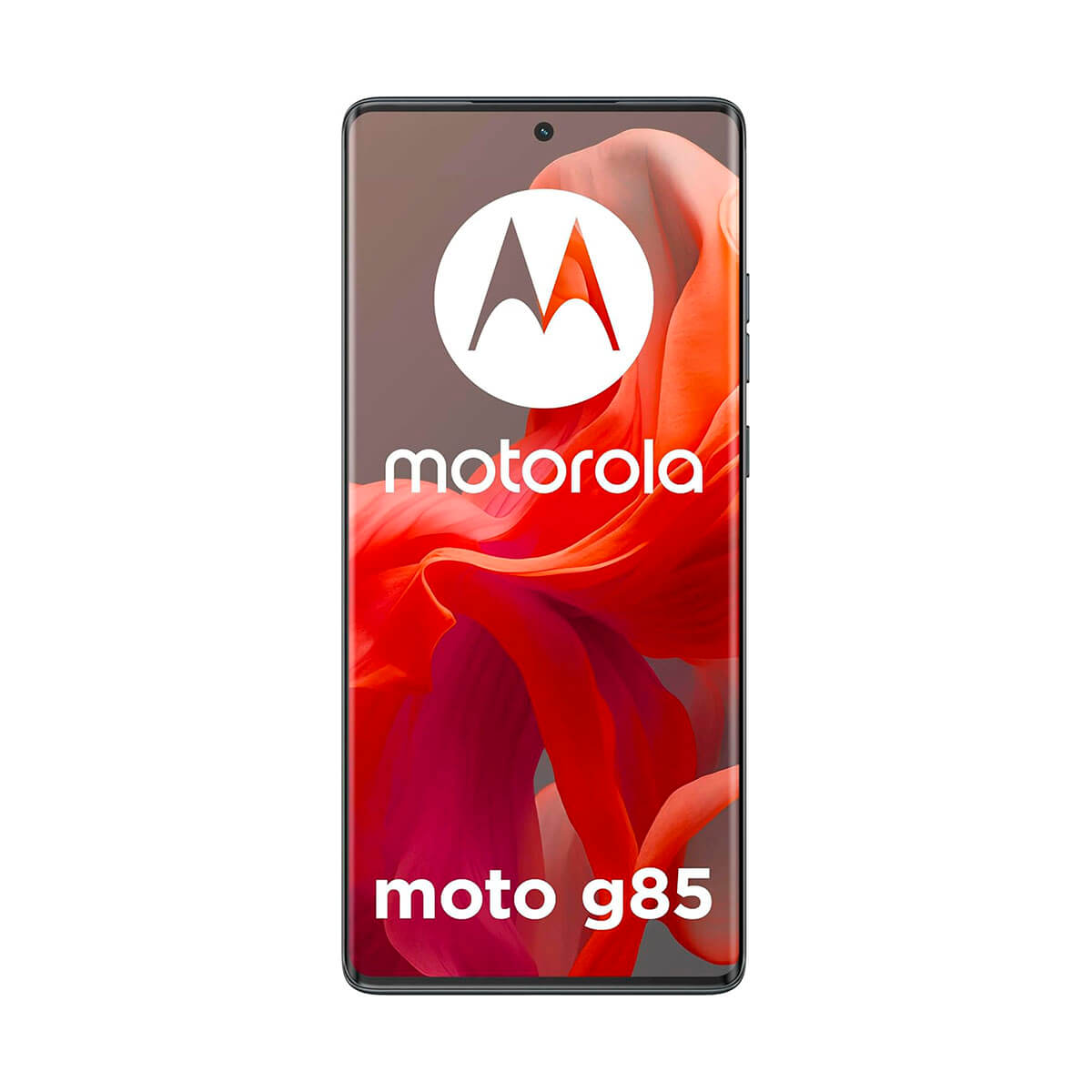 Ein Motorola Moto G85 Smartphone mit einem roten, fließenden Hintergrund.