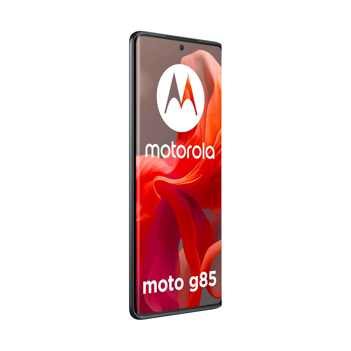 Ein schwarzes Motorola Moto G85 Smartphone mit rotem Hintergrund auf dem Bildschirm.