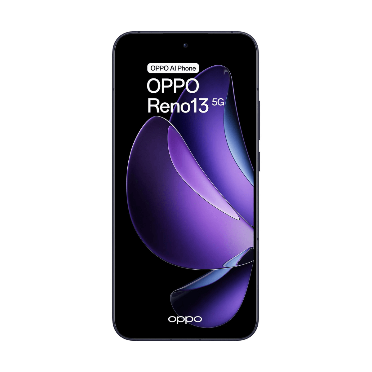 Teléfono inteligente negro con patrón de ondas moradas en pantalla. OPPO Reno13 5G.