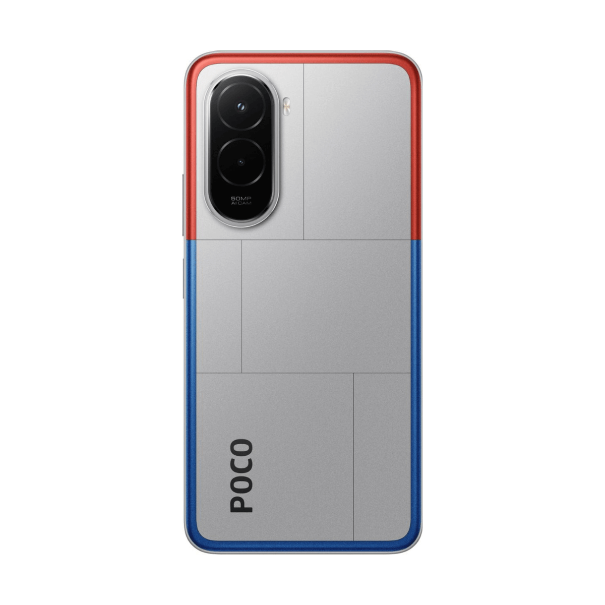 Retro di uno smartphone argentato con finiture rosse e blu.