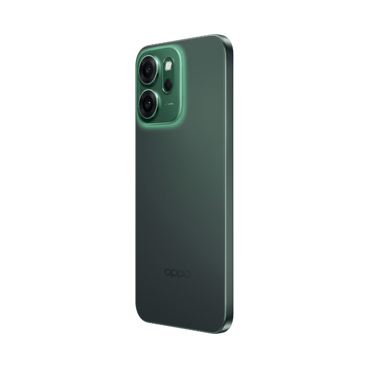 Rückseite eines dunkelgrünen Smartphones mit drei Kameras und dem OPPO-Logo.