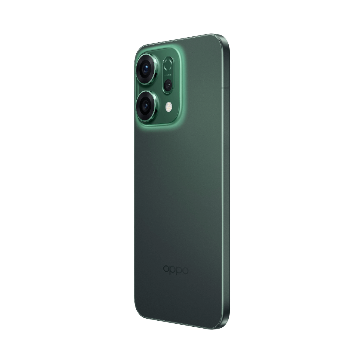 Ciemnozielony smartfon Oppo pokazany od tyłu, z wyspą aparatu i logo Oppo.