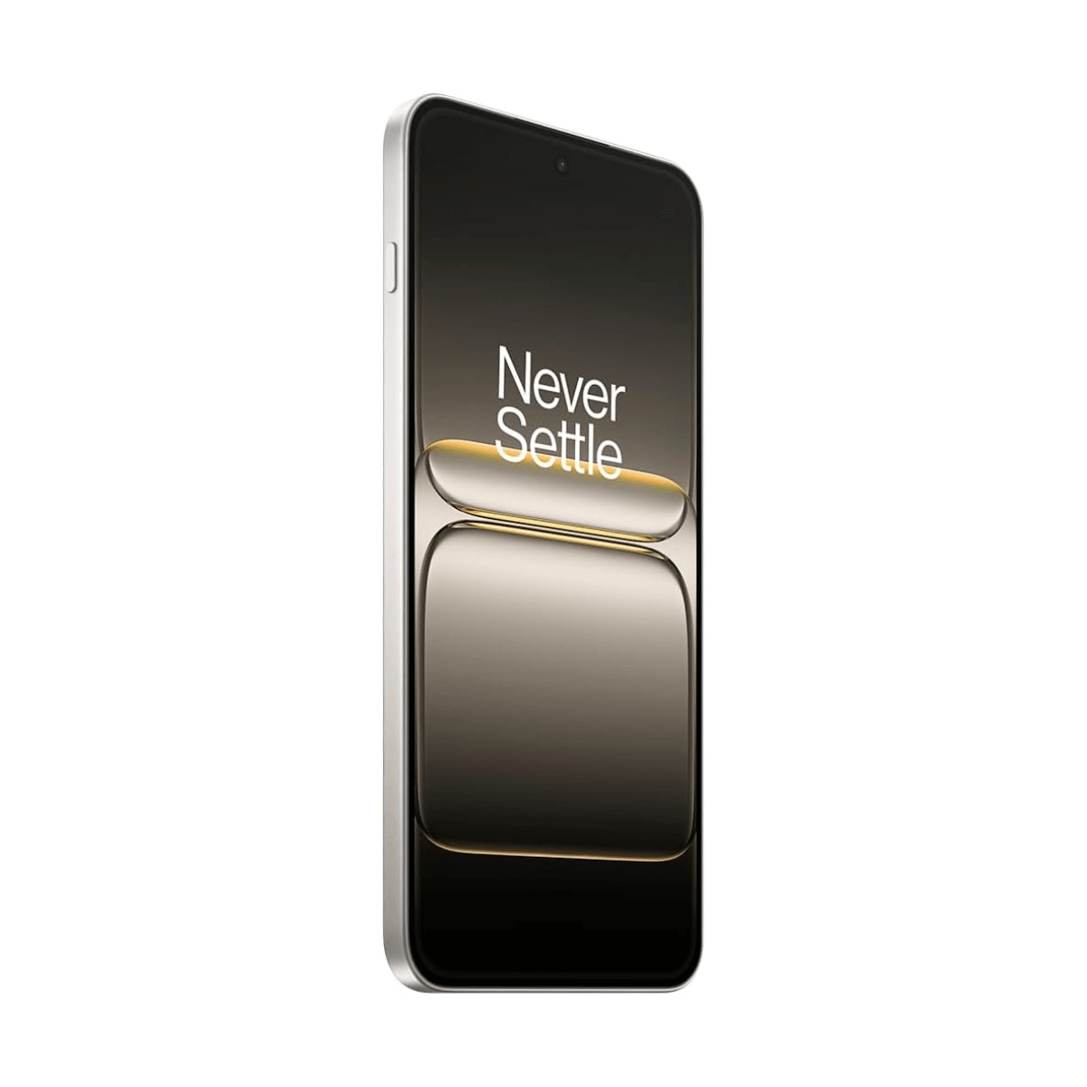 Ein weißes Smartphone mit dem Schriftzug „Never Settle“ auf dem Bildschirm.