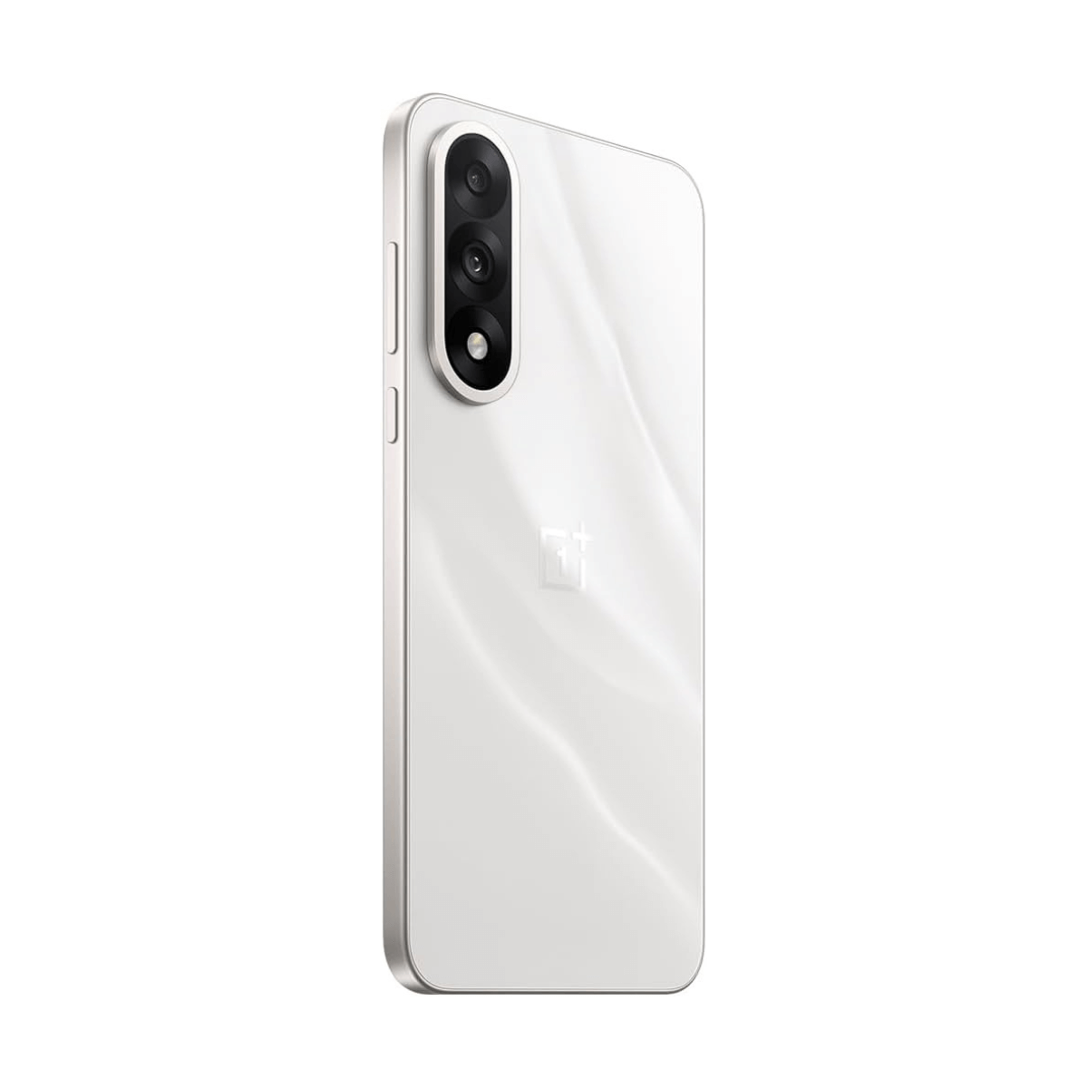 Weißes Smartphone mit drei Kameras und OnePlus-Logo, seitliche Ansicht.