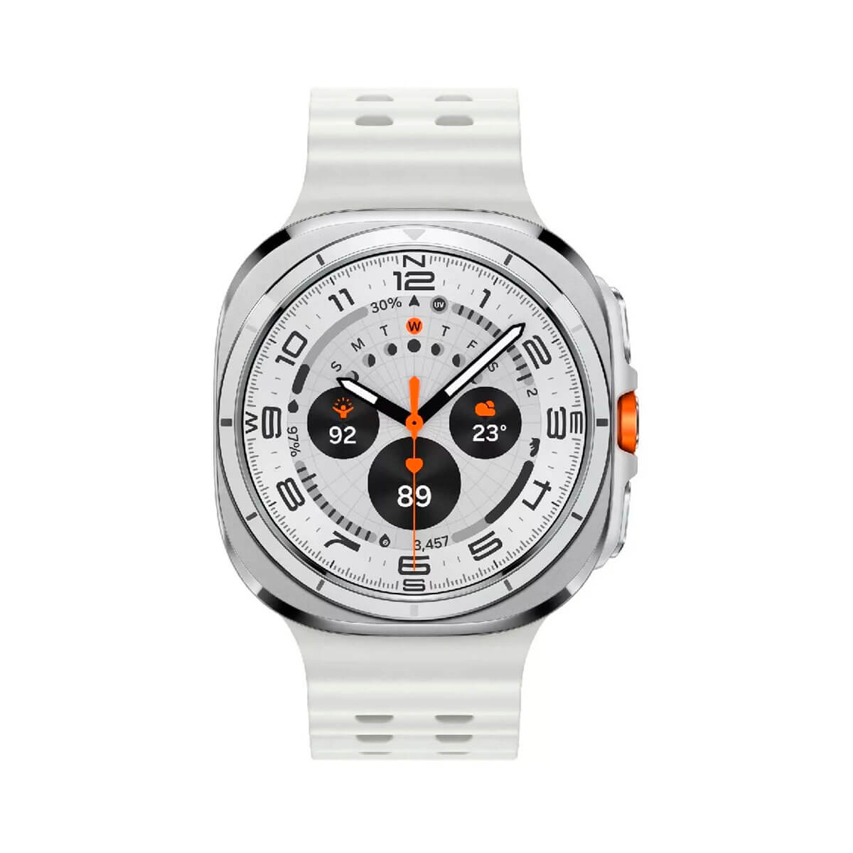 Een witte smartwatch met zilveren kast en oranje kroon.