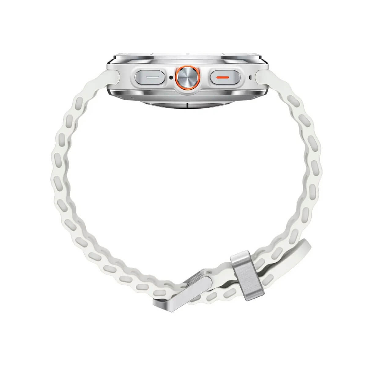 Wit smartwatch met zilveren behuizing en oranje accenten op een wit gevlochten band.