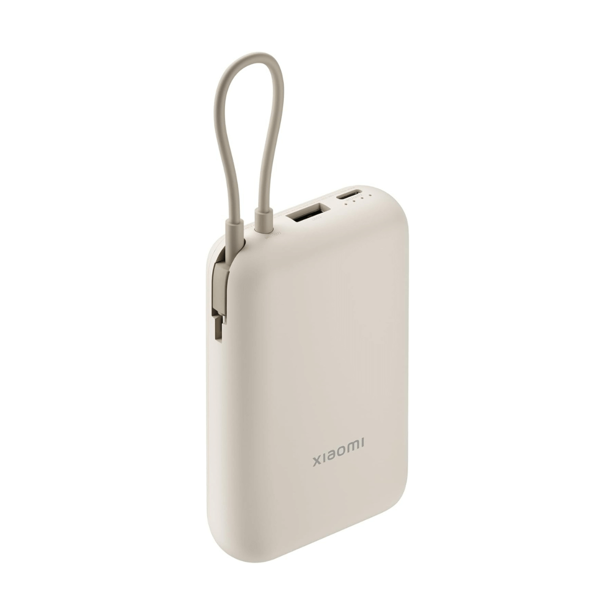 A beige Xiaomi power bank with a grey strap, on a white background.