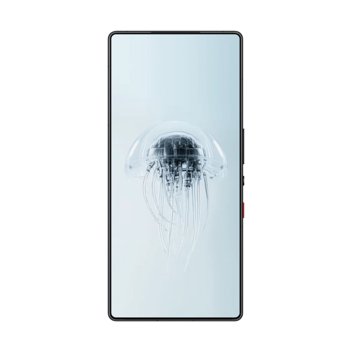 Smartfon wyświetlający przezroczystą, mechaniczną tapetę z meduzą.