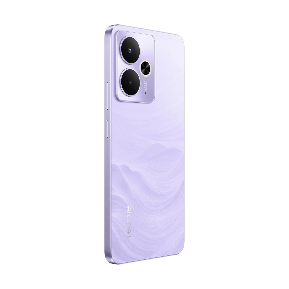 Fioletowy smartfon z falistym wzorem i modułem aparatu z tyłu.