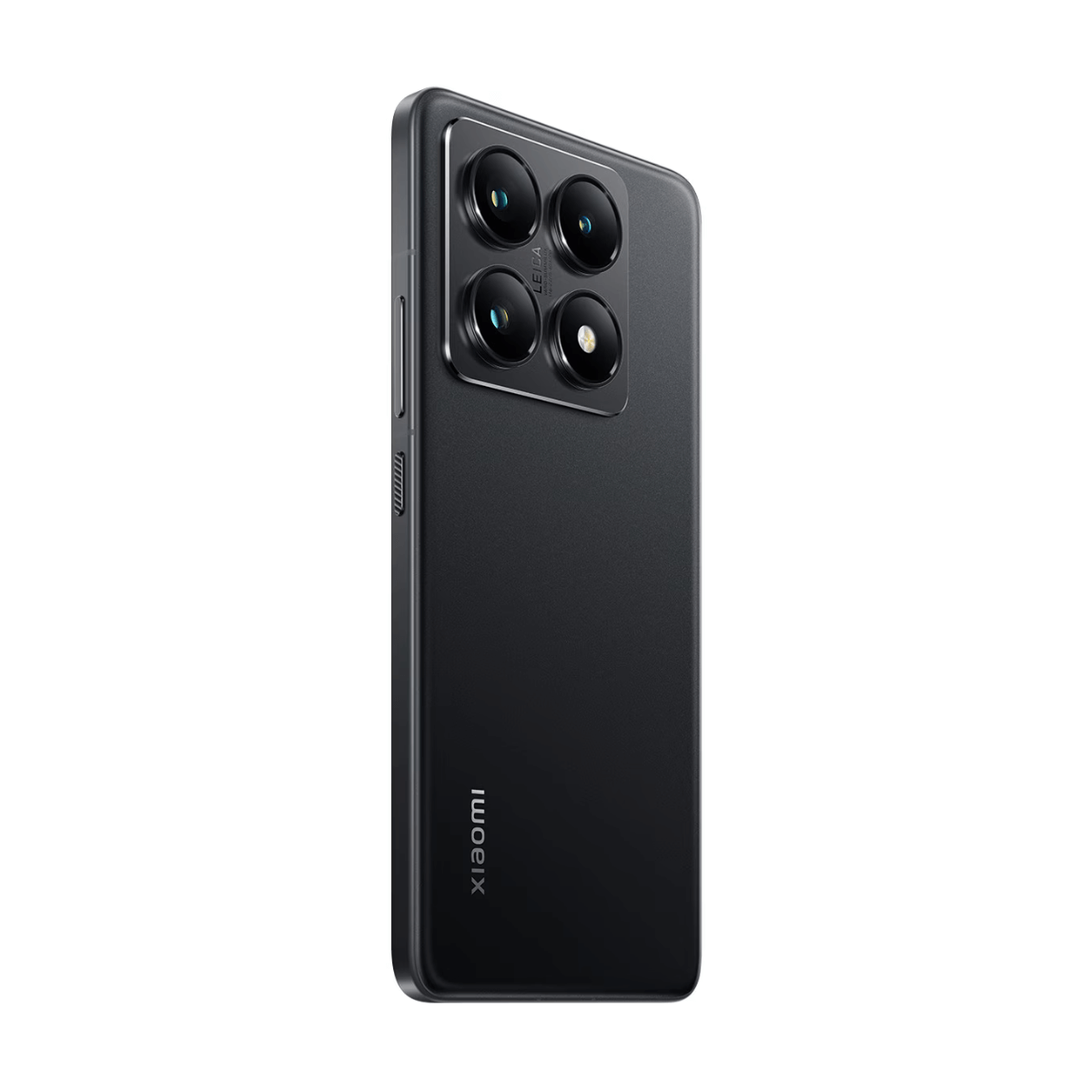 A black smartphone featuring a quad-camera setup and the Xiaomi logo on the back.