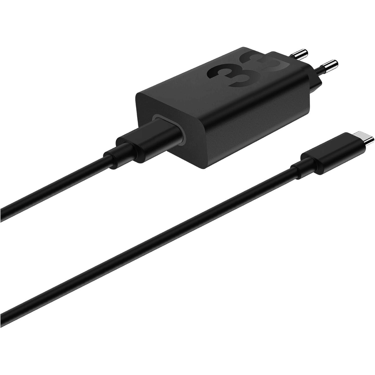 Chargeur noir avec câble USB-C, avec logo '33'.