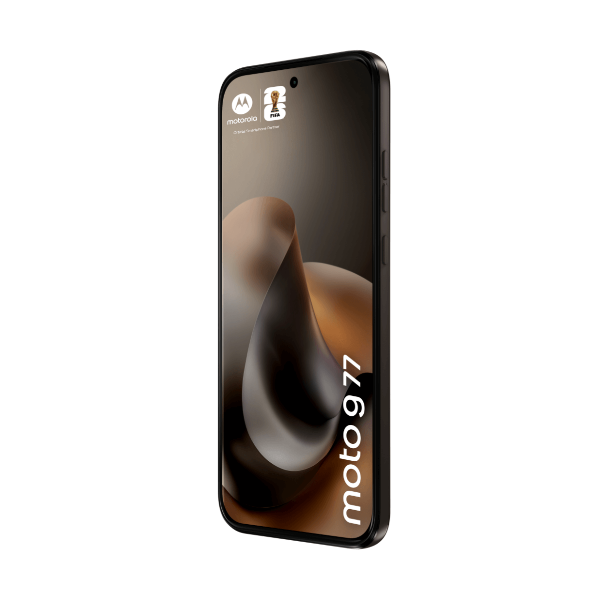 Motorola moto g 77 smartphone met FIFA-logo en abstracte achtergrond.