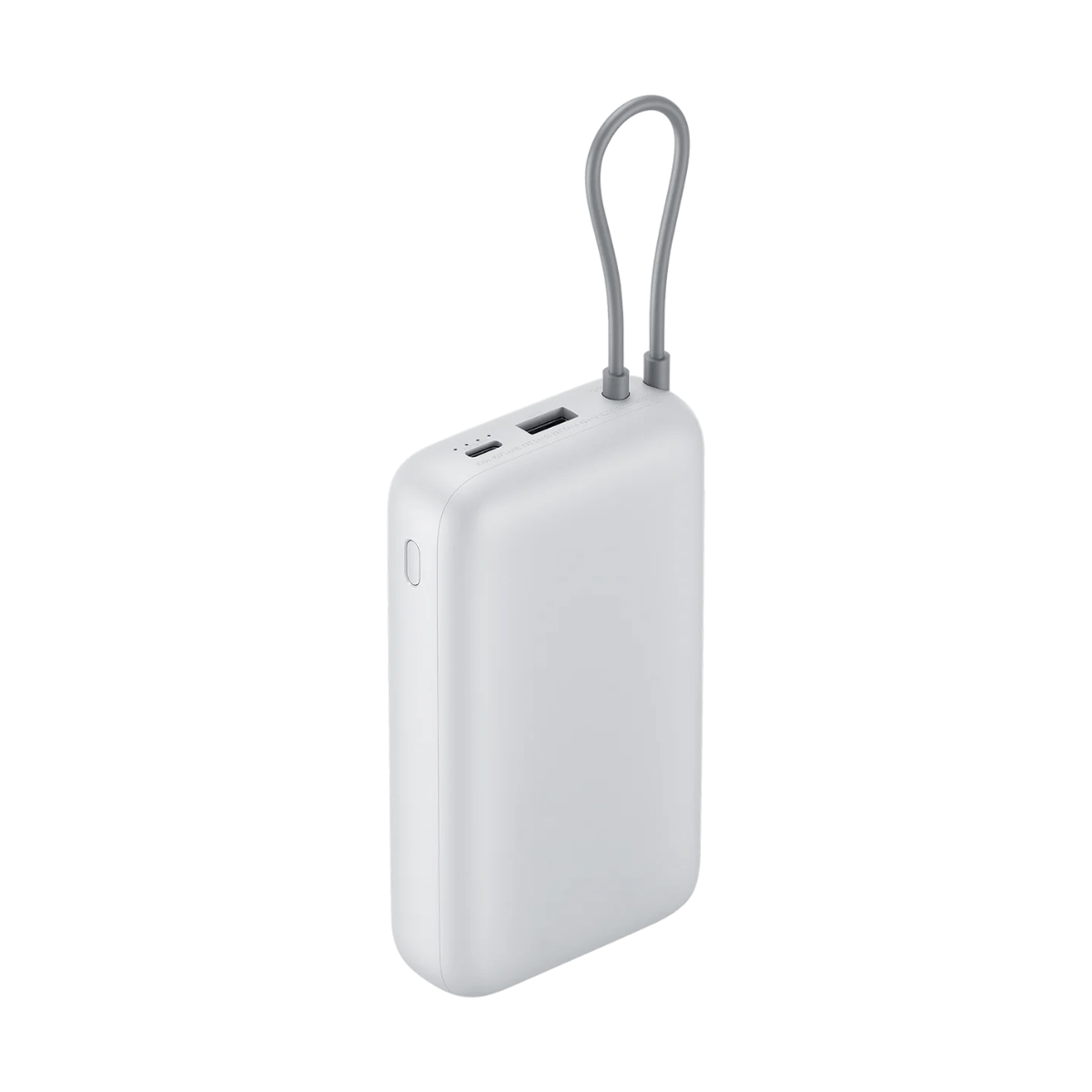 Une batterie externe blanche avec une boucle grise sur le dessus, isolée sur fond blanc.