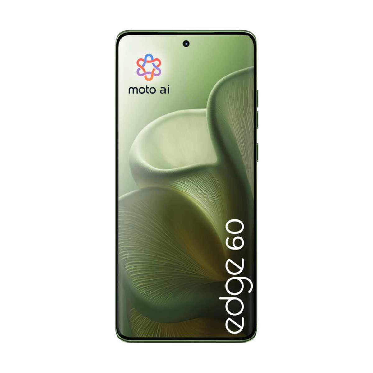 Een groene Motorola Edge 60 met Moto AI logo op het scherm.