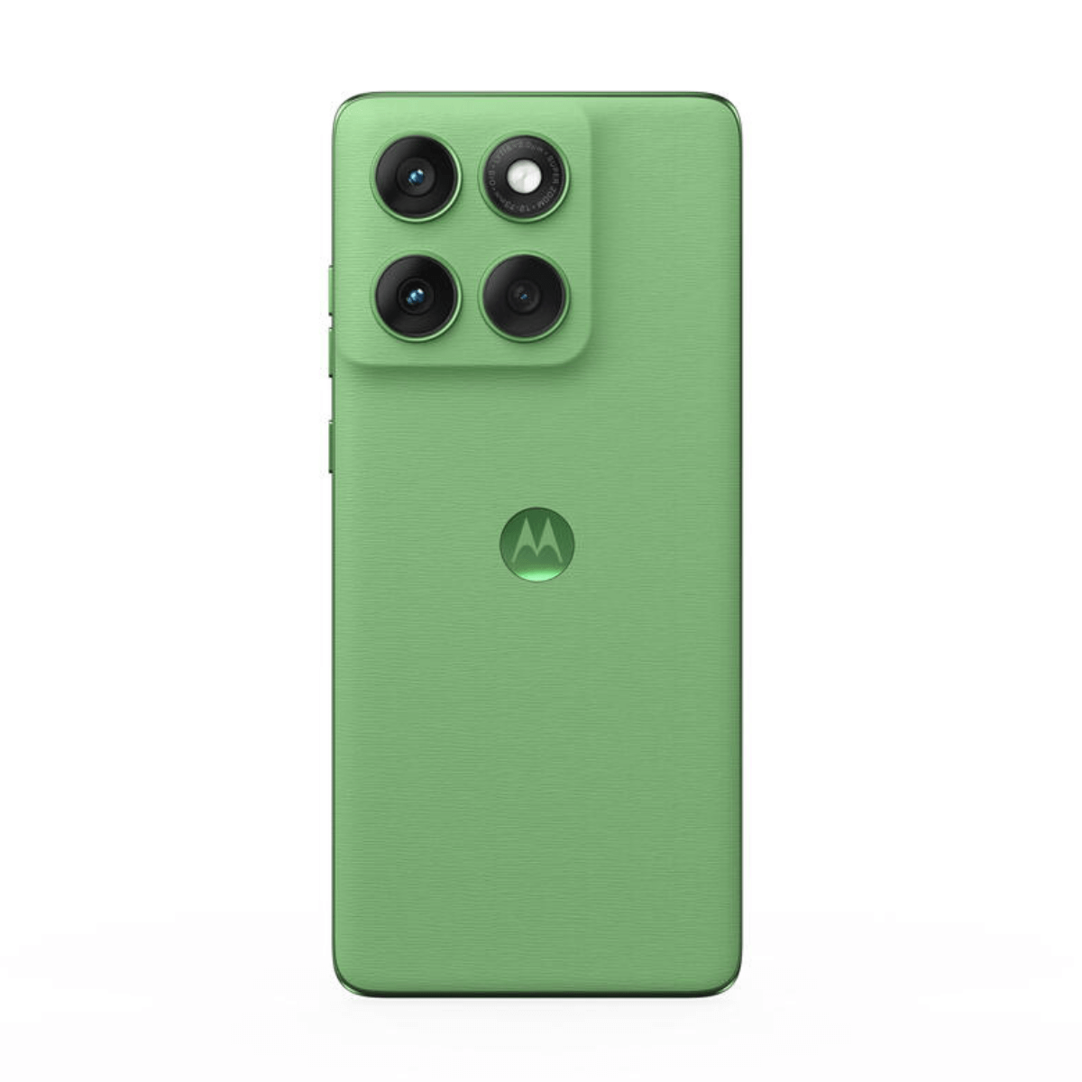 Achterkant van een groene smartphone met vier cameralenzen en Motorola-logo.