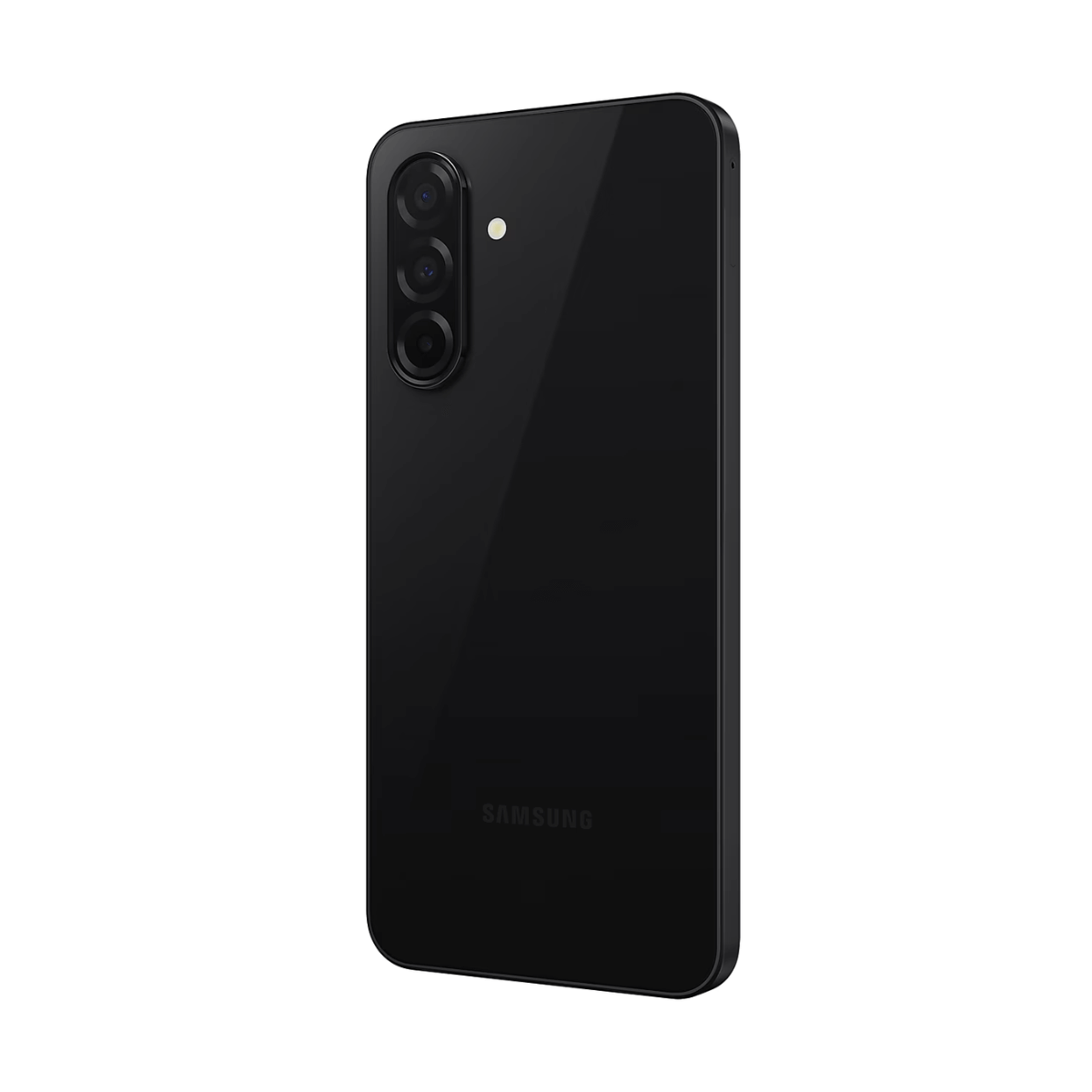 Schwarzes Smartphone mit drei Kameras und Blitz auf der Rückseite.