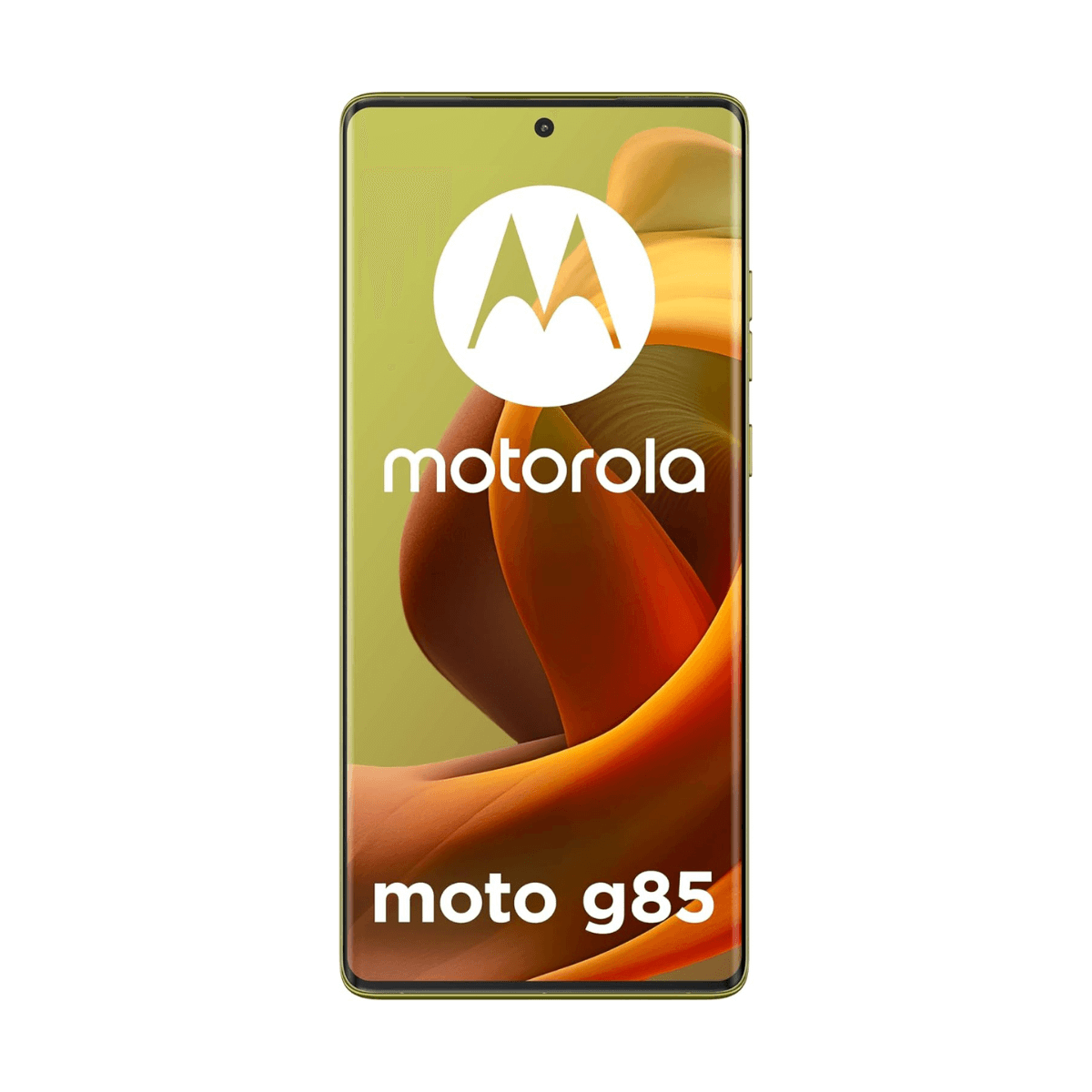 Uno smartphone Motorola Moto G85 con sfondo giallo e accenti arancioni.