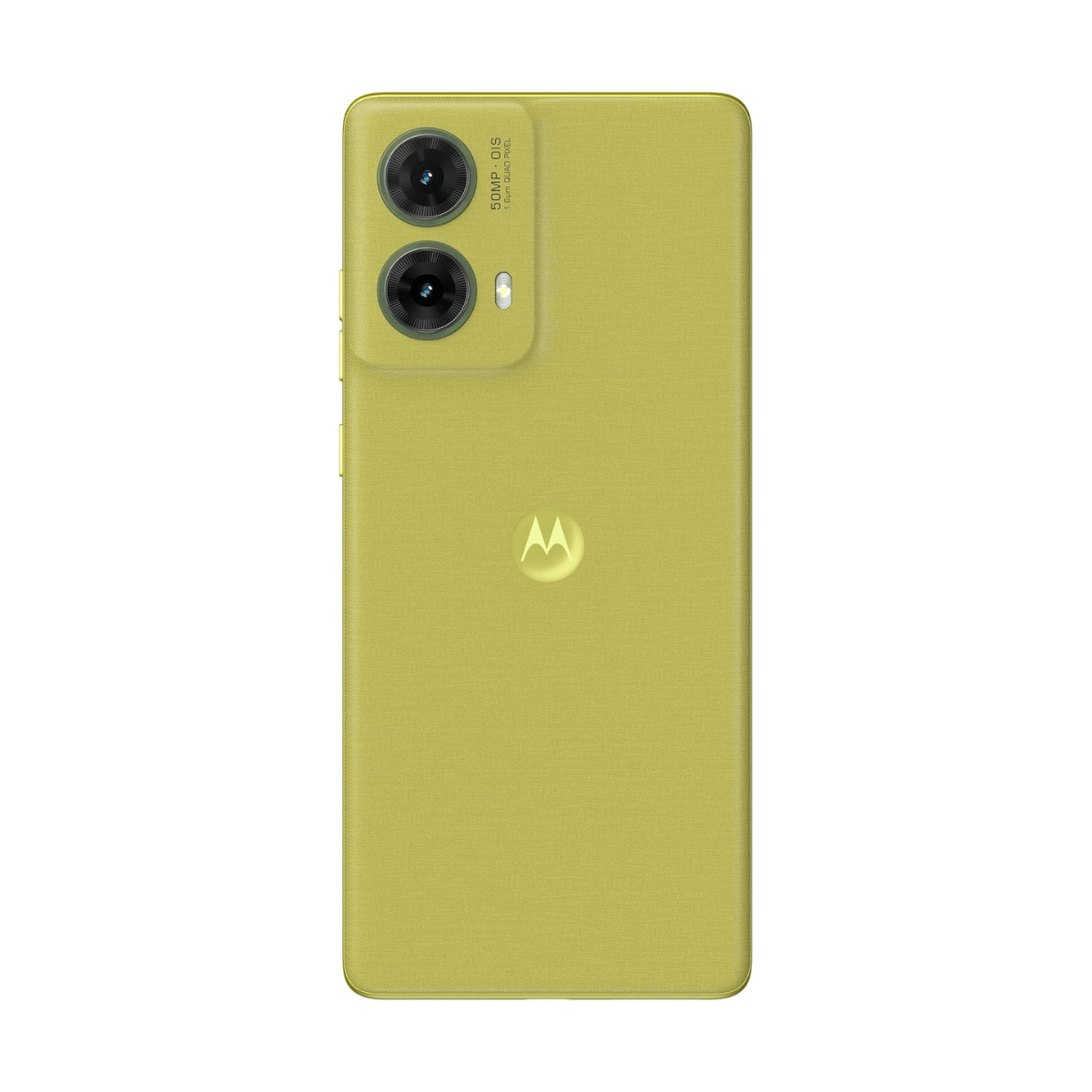 Un Motorola verde lime con doppia fotocamera e logo Motorola sul retro.