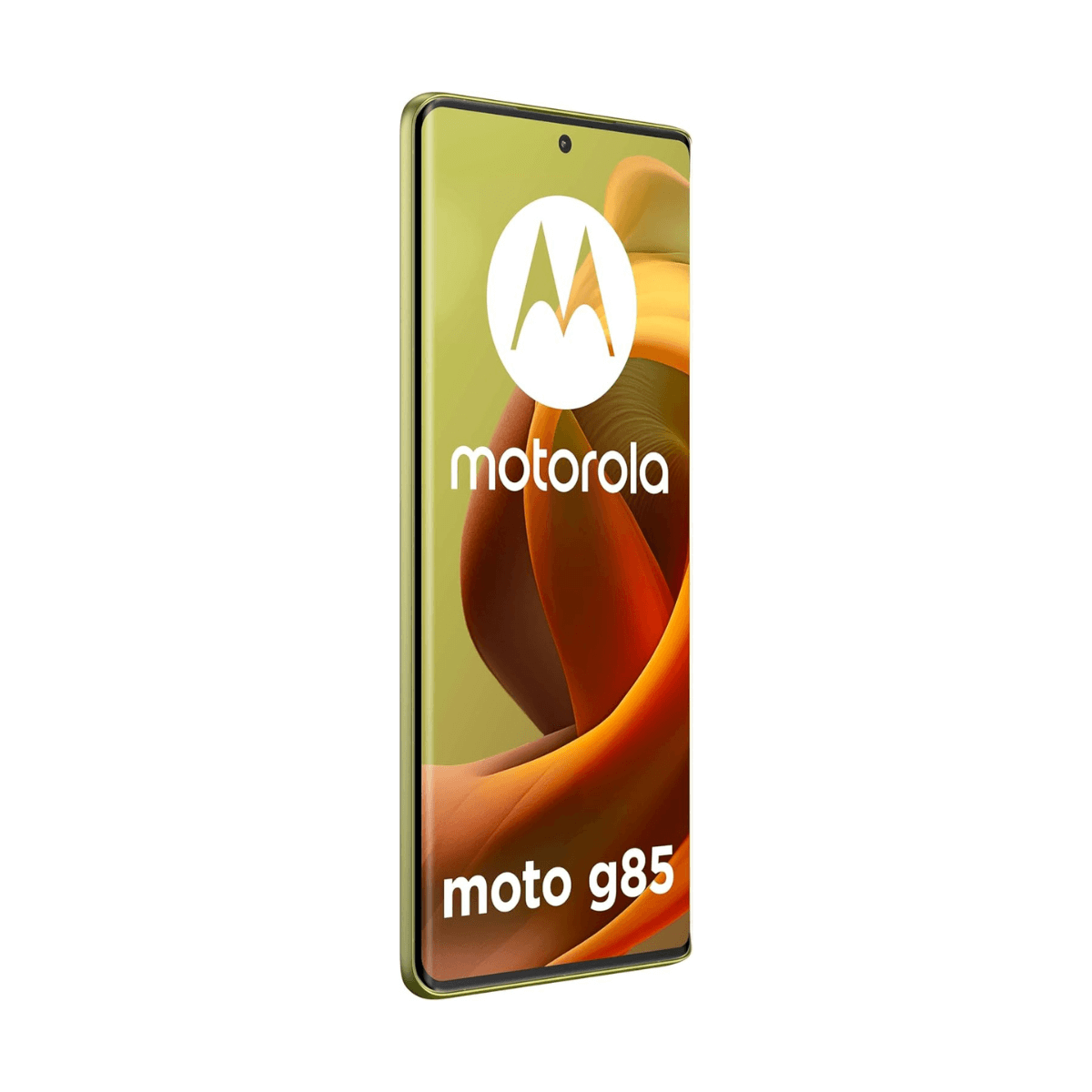 Uno smartphone Motorola Moto G85 giallo oro con uno sfondo elegante.