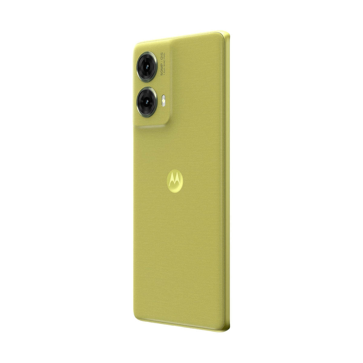 Uno smartphone giallo chiaro con due fotocamere e il logo Motorola.