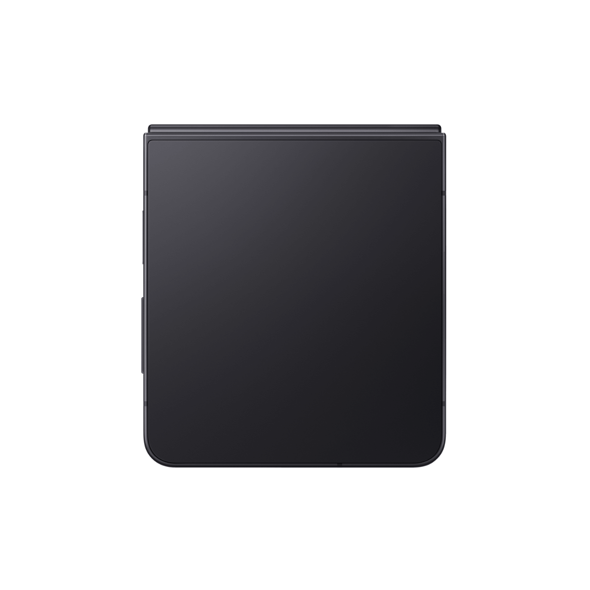 Zamknięty ciemny składany smartfon z zaokrąglonymi rogami na białym tle.