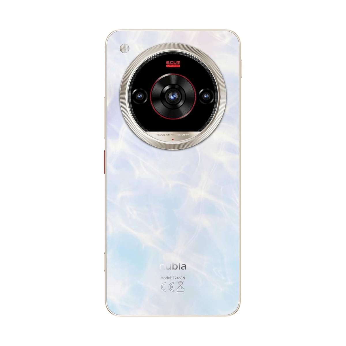 Retro di uno smartphone Nubia bianco con motivo a moiré e grande modulo fotocamera.
