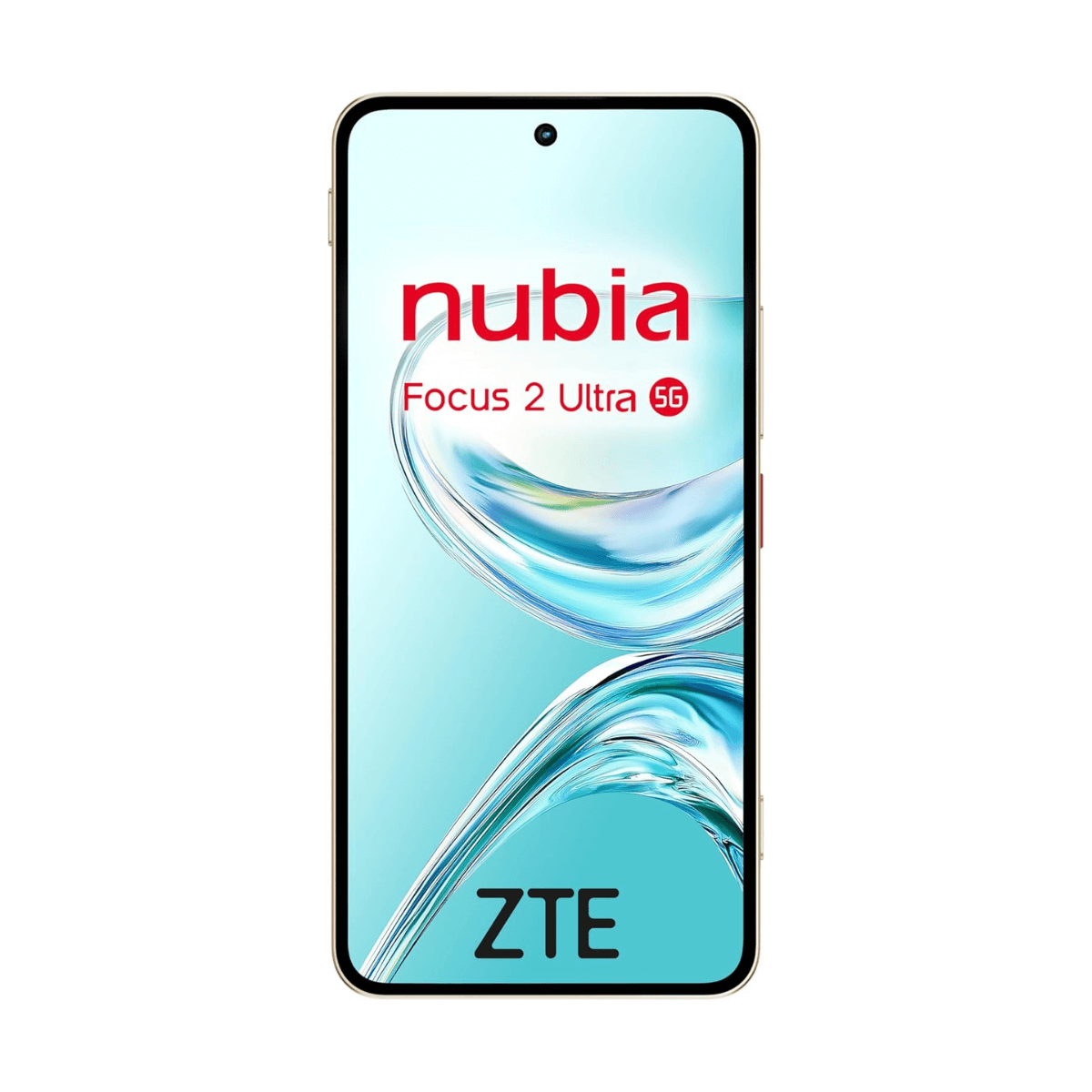 Smartphone ZTE Nubia Focus 2 Ultra 5G dorato con schermo azzurro e design astratto vorticoso.