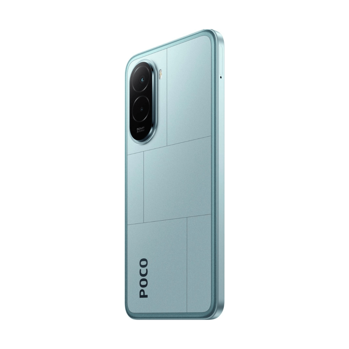 Ein hellblaues Smartphone von Poco mit einer Kamera auf der Rückseite.