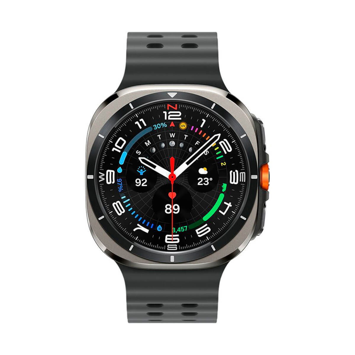 Reloj inteligente gris con correa negra y esfera redonda con múltiples datos.