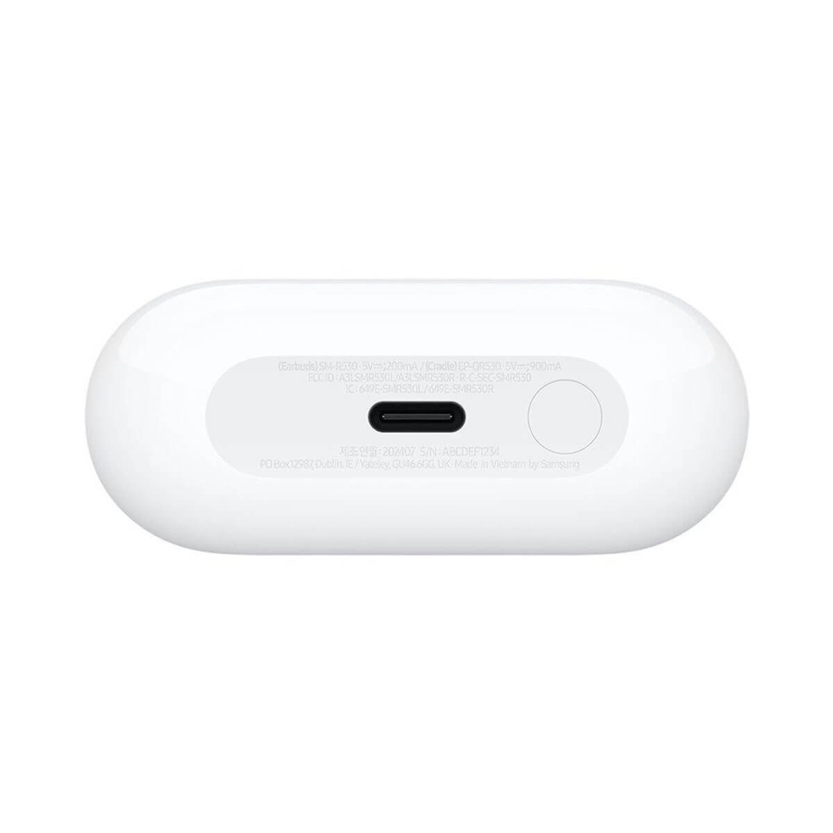 Funda de carga blanca para auriculares con ranura negra y sensor circular.