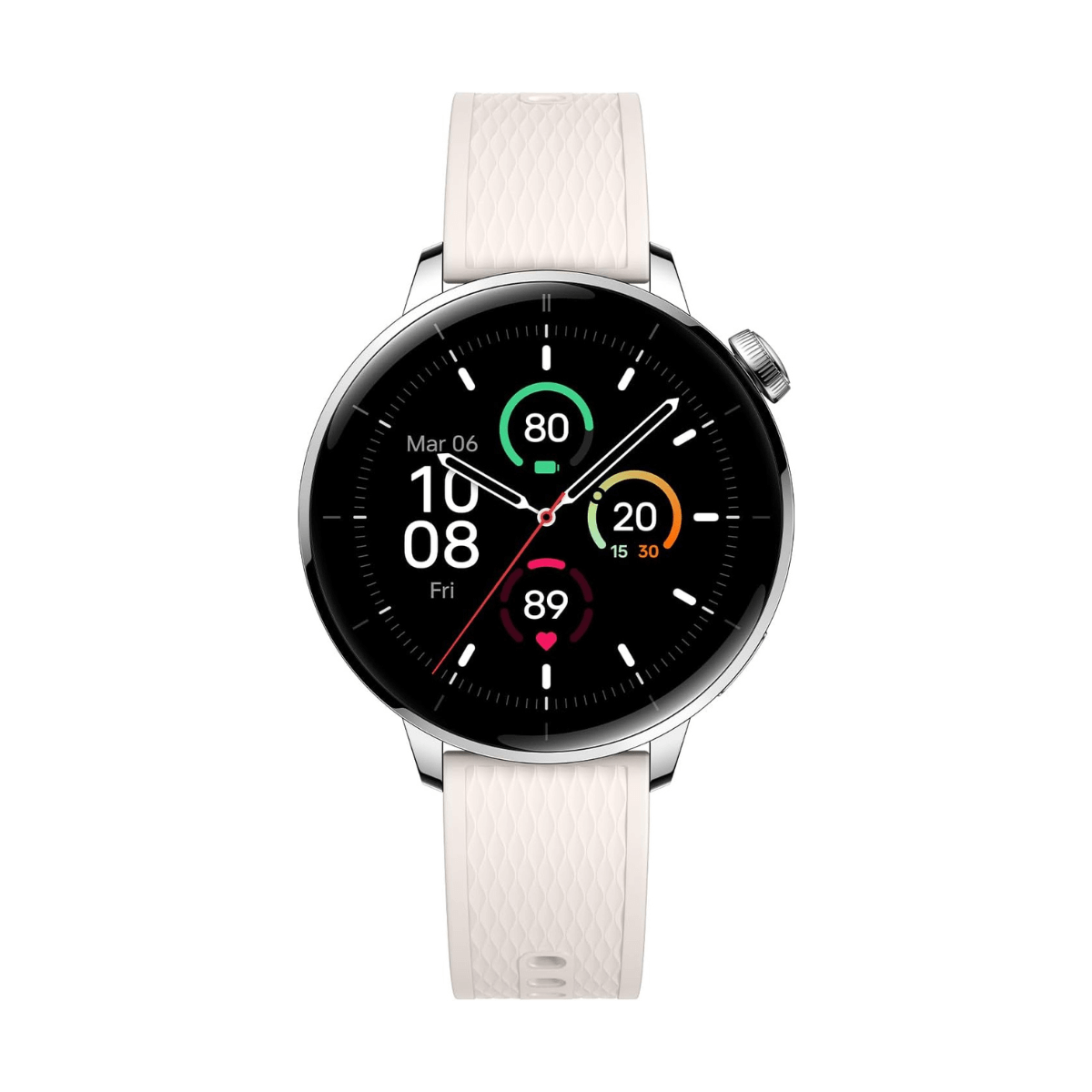 Un smartwatch blanco con carcasa plateada y pantalla negra que muestra hora, fecha, ritmo cardíaco y actividad.