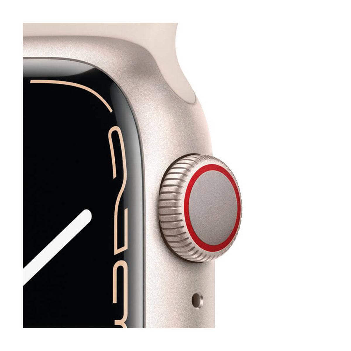 Primer plano de un reloj inteligente plateado con anillo rojo y corona texturizada.