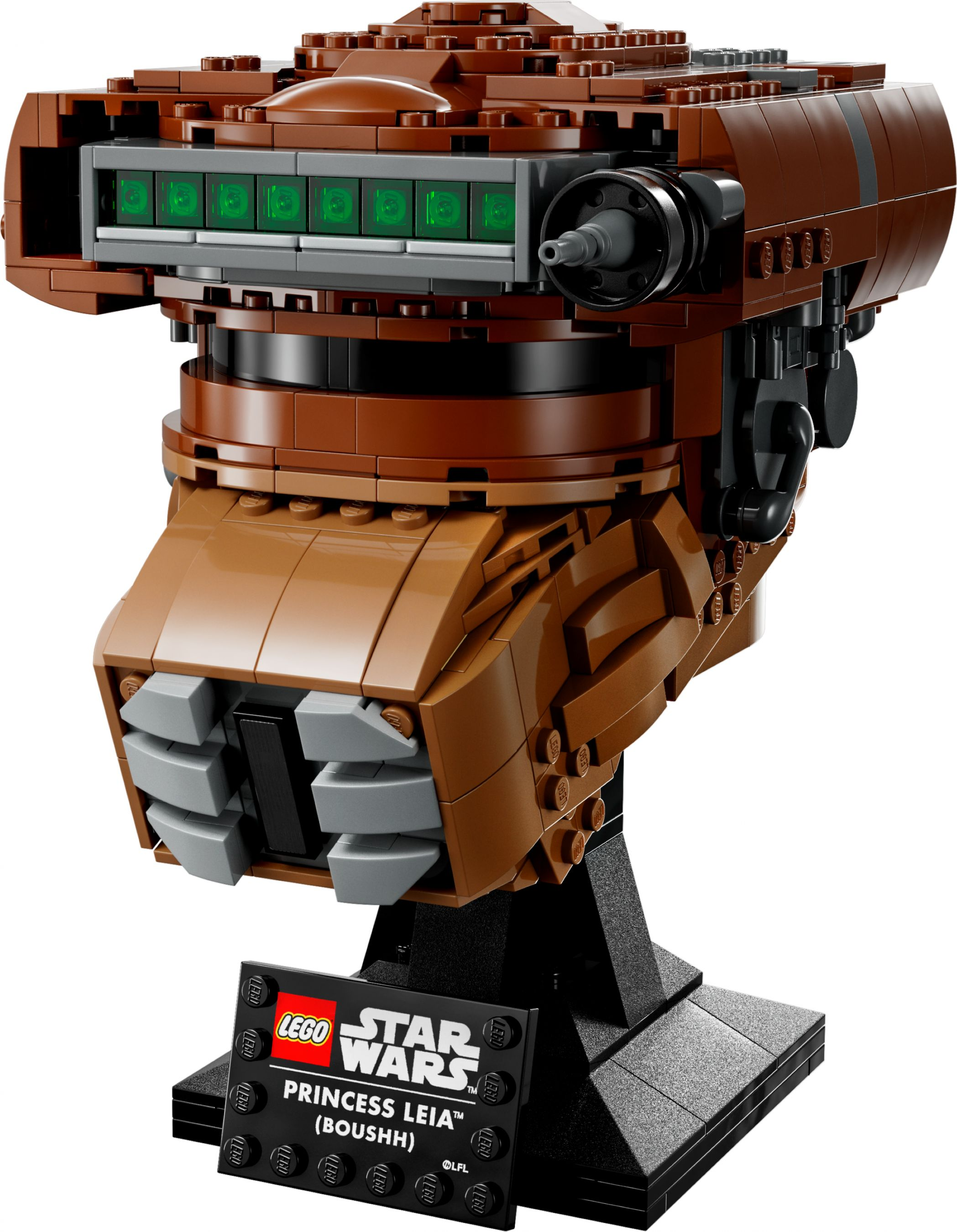 Ein braunes Lego-Modell von Prinzessin Leias Boushh-Kopf auf einem schwarzen Ständer.
