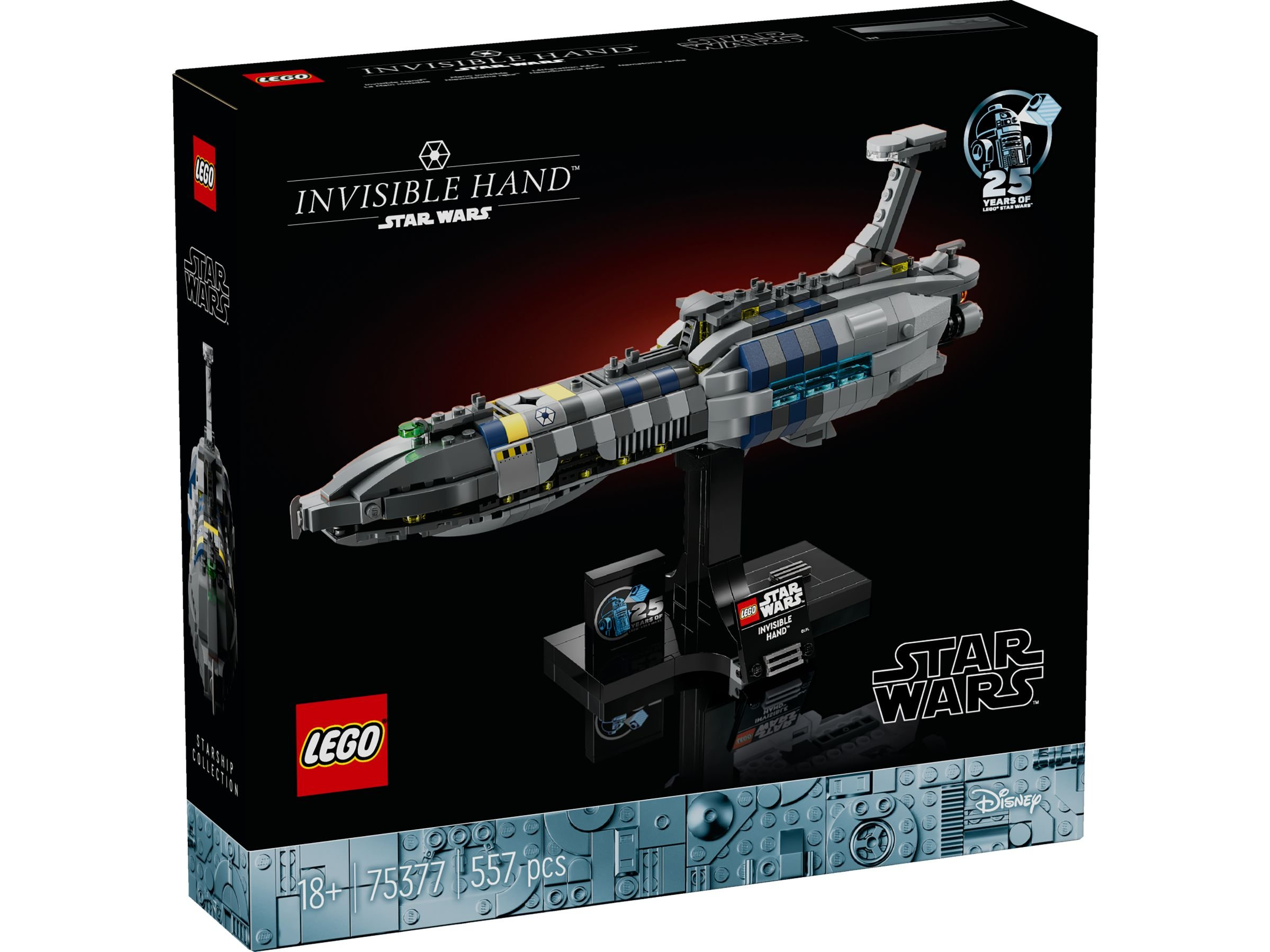 Lego Star Wars Invisible Hand Raumschiff-Set auf schwarzem Ständer.