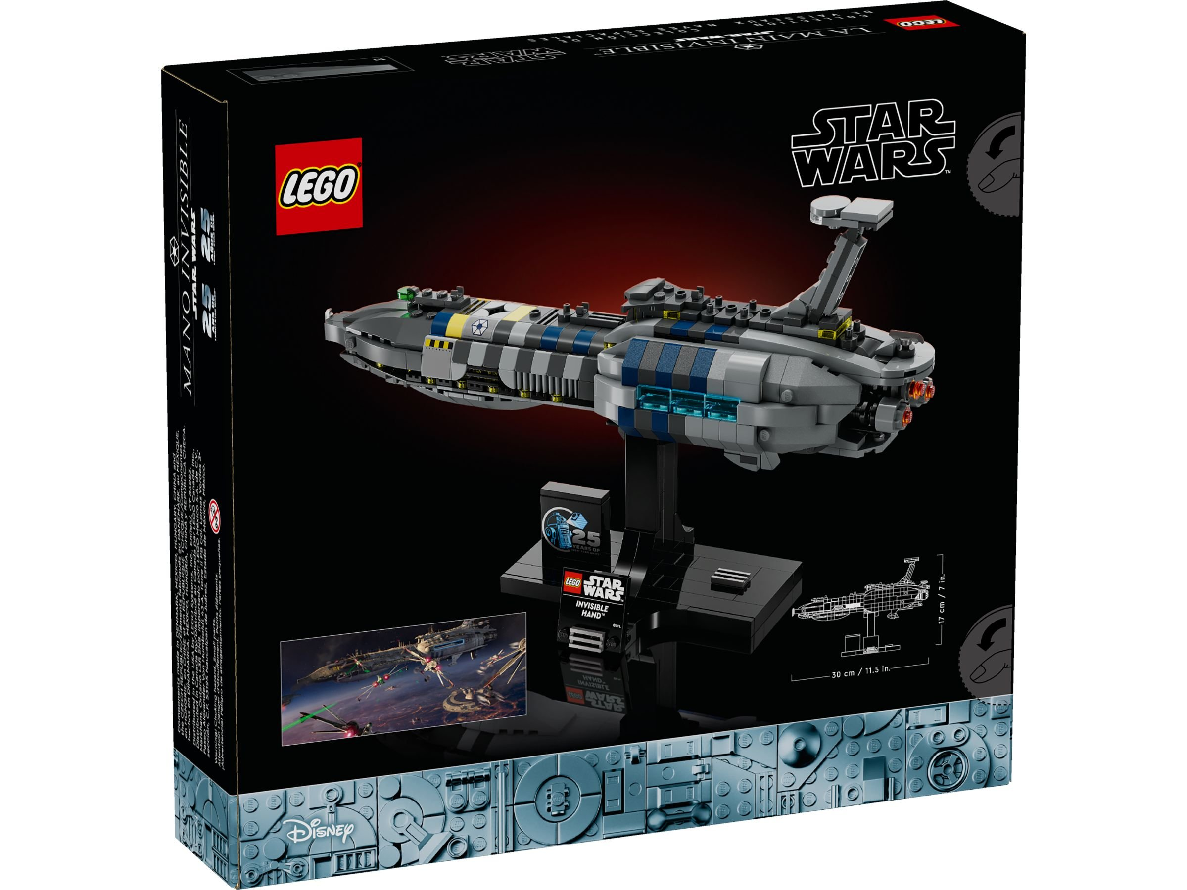 LEGO Star Wars "Invisible Hand" Raumschiff-Modell auf Ständer mit Box-Details.