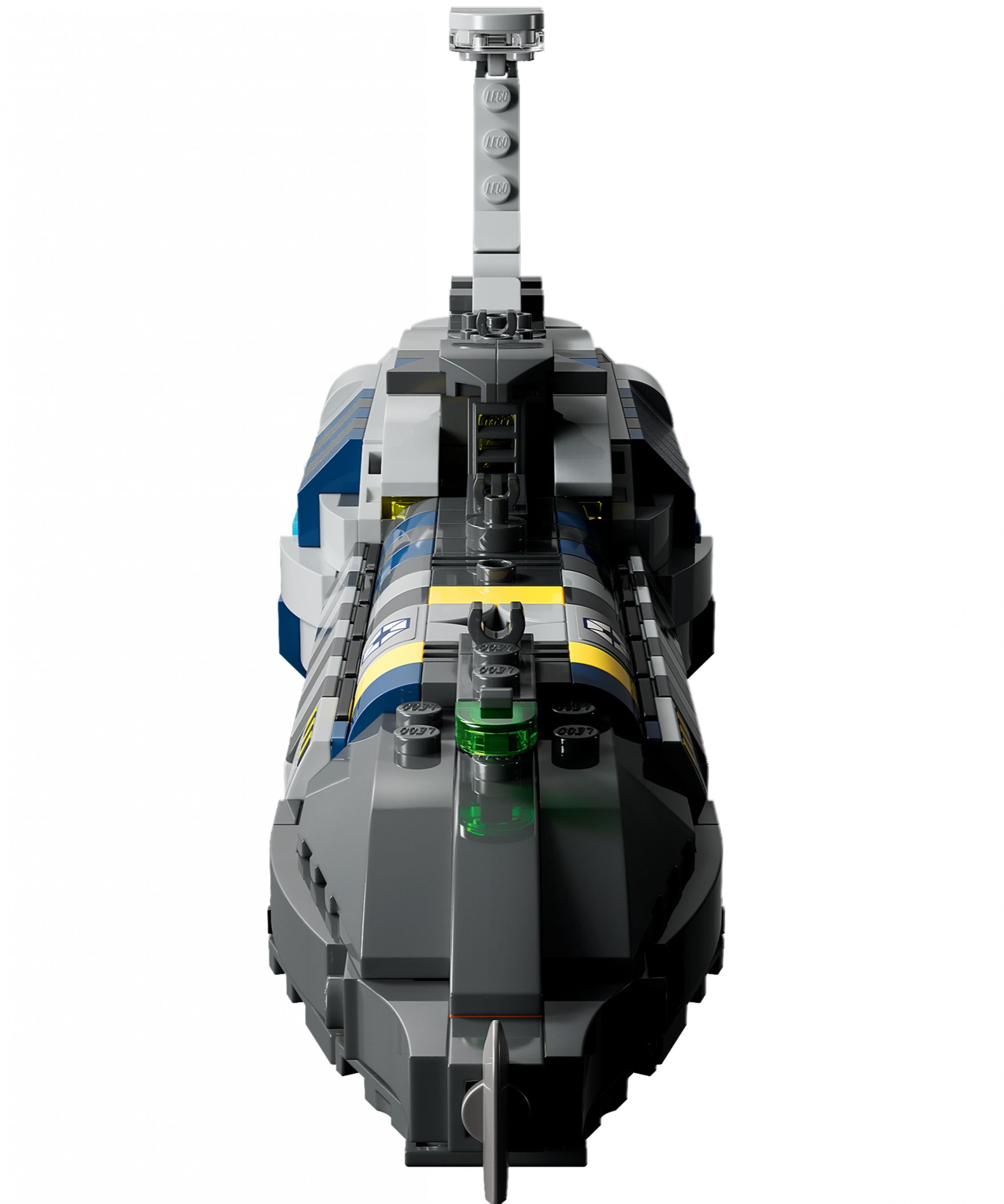 Graues Lego-Raumschiff mit blauen und gelben Akzenten, Frontansicht.