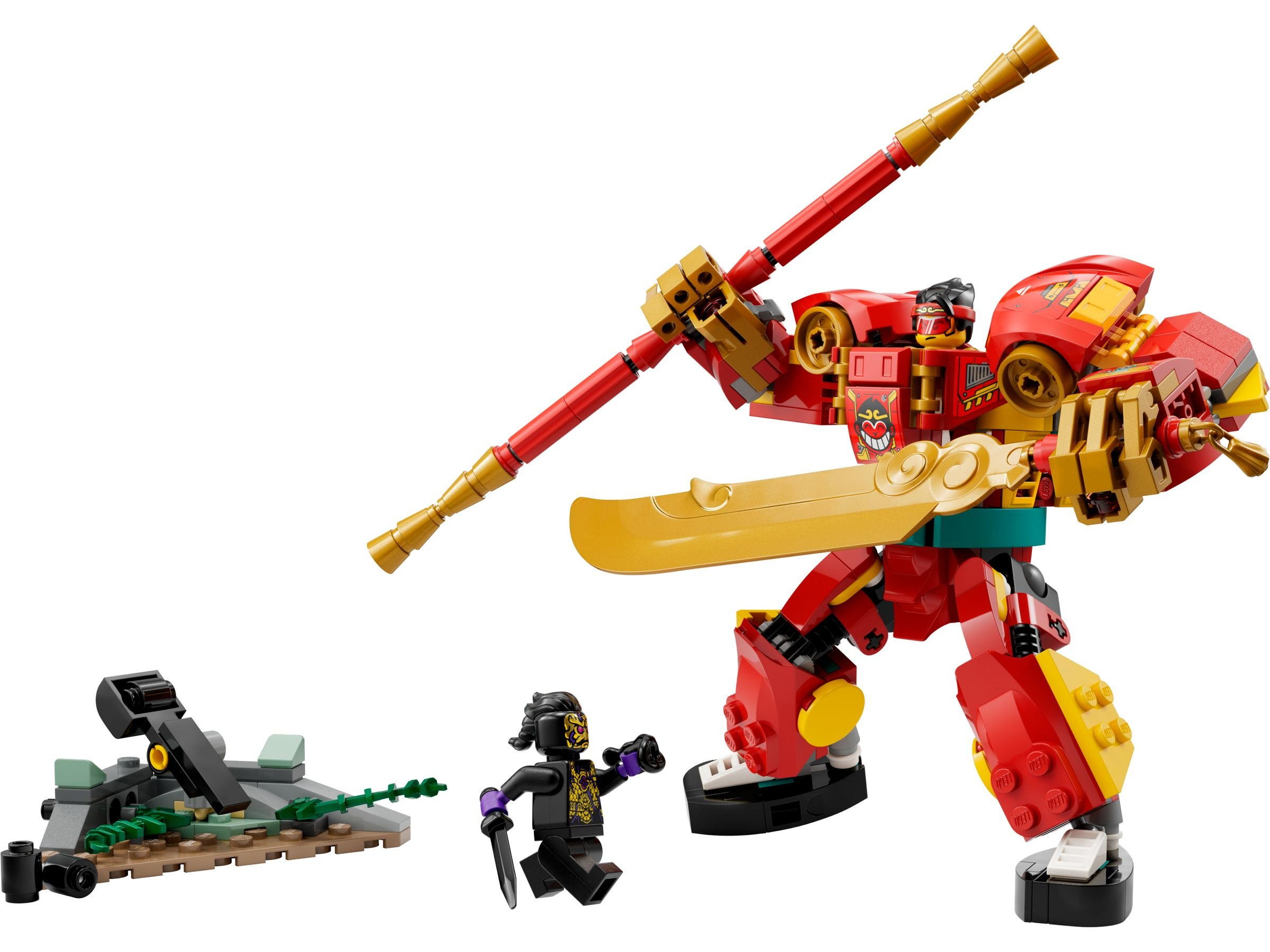 Roter und goldener Mech mit Stab, eine Minifigur und eine kleine Geländebau.