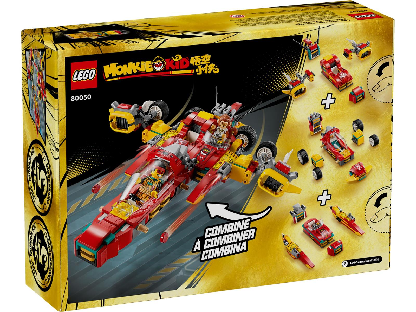 LEGO Monkie Kid Bausatz 80050 mit rotem und gelbem Fahrzeug und Figuren.