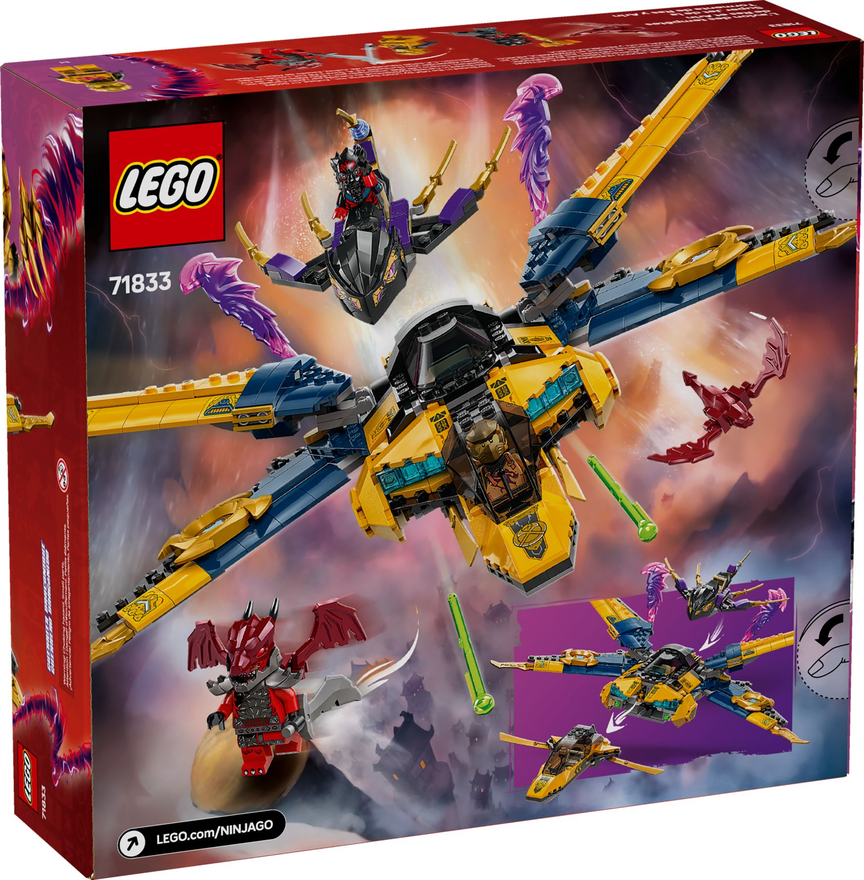 Lego Ninjago-Box zeigt ein gelb-blaues Jet mit Figuren und Drachen in kosmischer Szene.