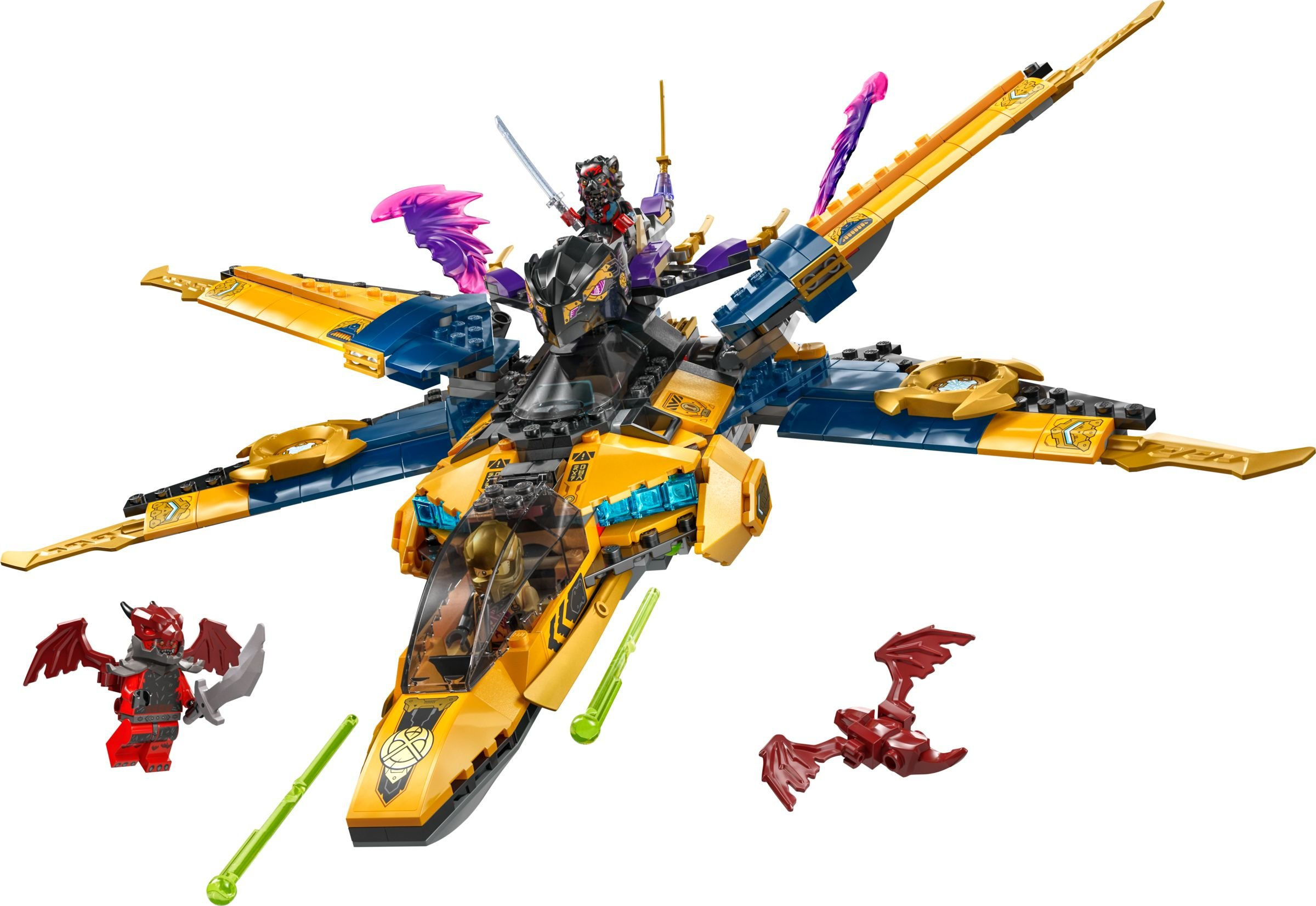 Ein gelbes und blaues Lego-Flugzeug mit lila Akzenten und zwei roten Lego-Figuren.