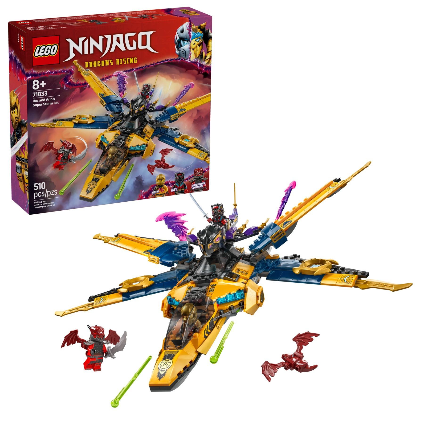 LEGO Ninjago Spielset mit einem gelben und blauen Jet mit Figuren und Drachen.