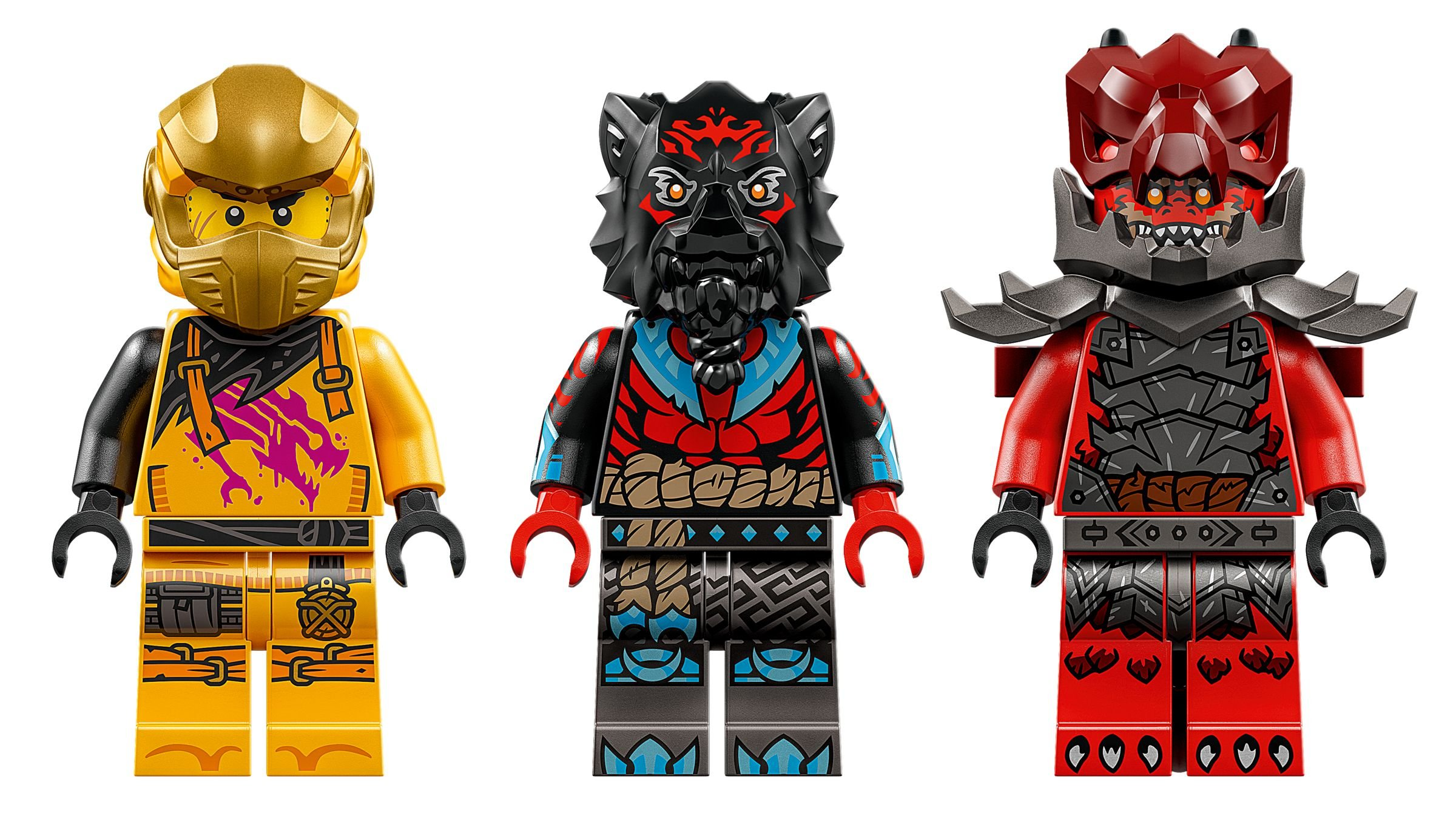 Drei Lego-Figuren: goldrüstung, schwarzer Wolf und roter Drache/Dämon.