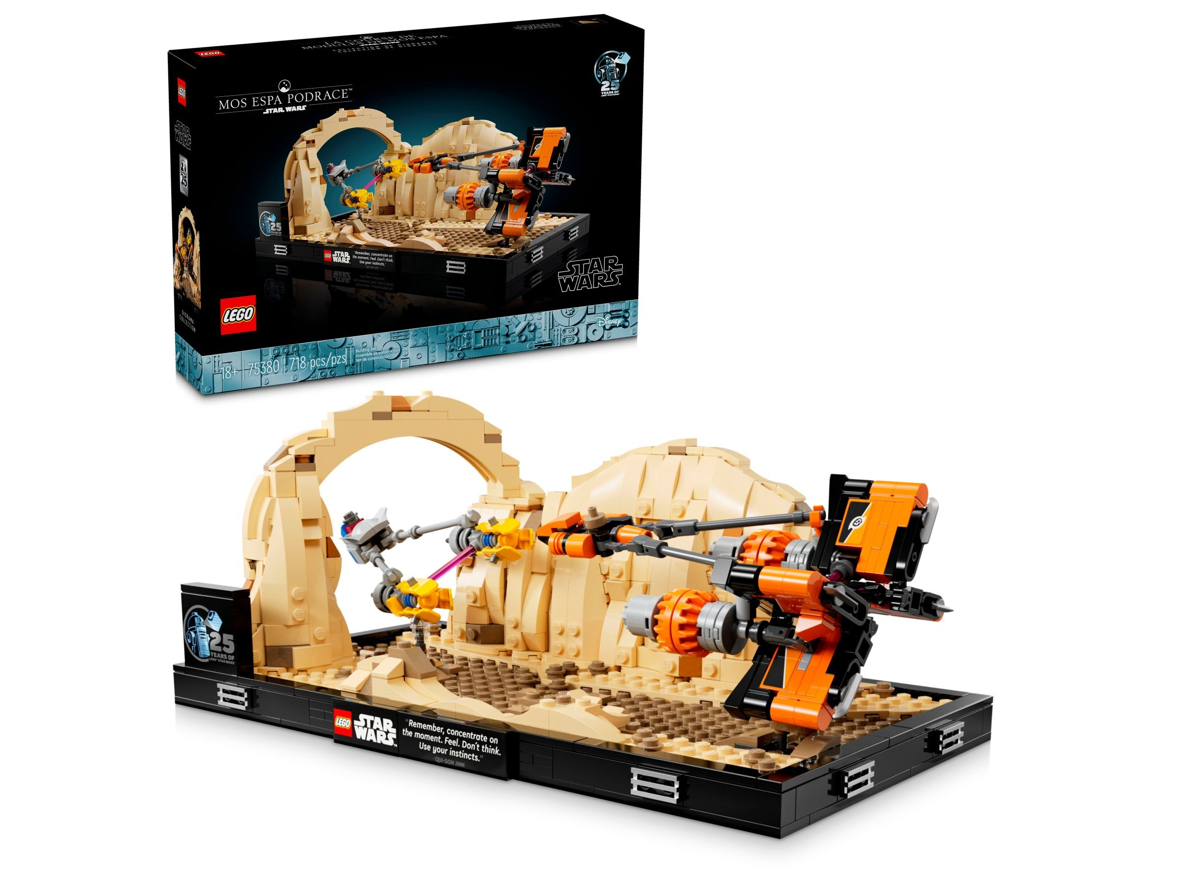 LEGO Star Wars Mos Espa Podracer Diorama mit zwei Podracern in einer Wüstenlandschaft.