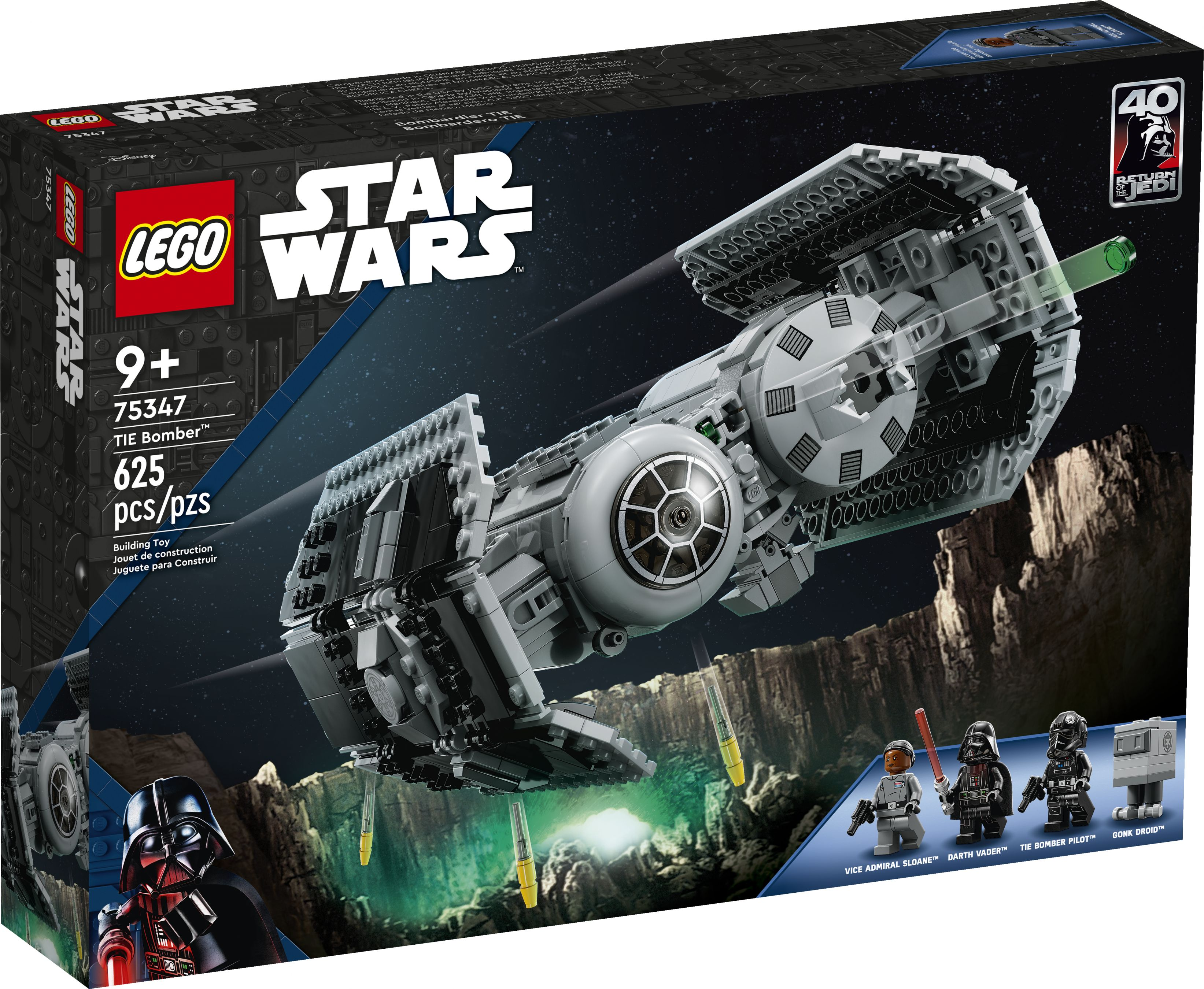 LEGO Star Wars TIE Bomber Set-Verpackung mit Vader, Pilot, Droide und Vizeadmiral Sloan.