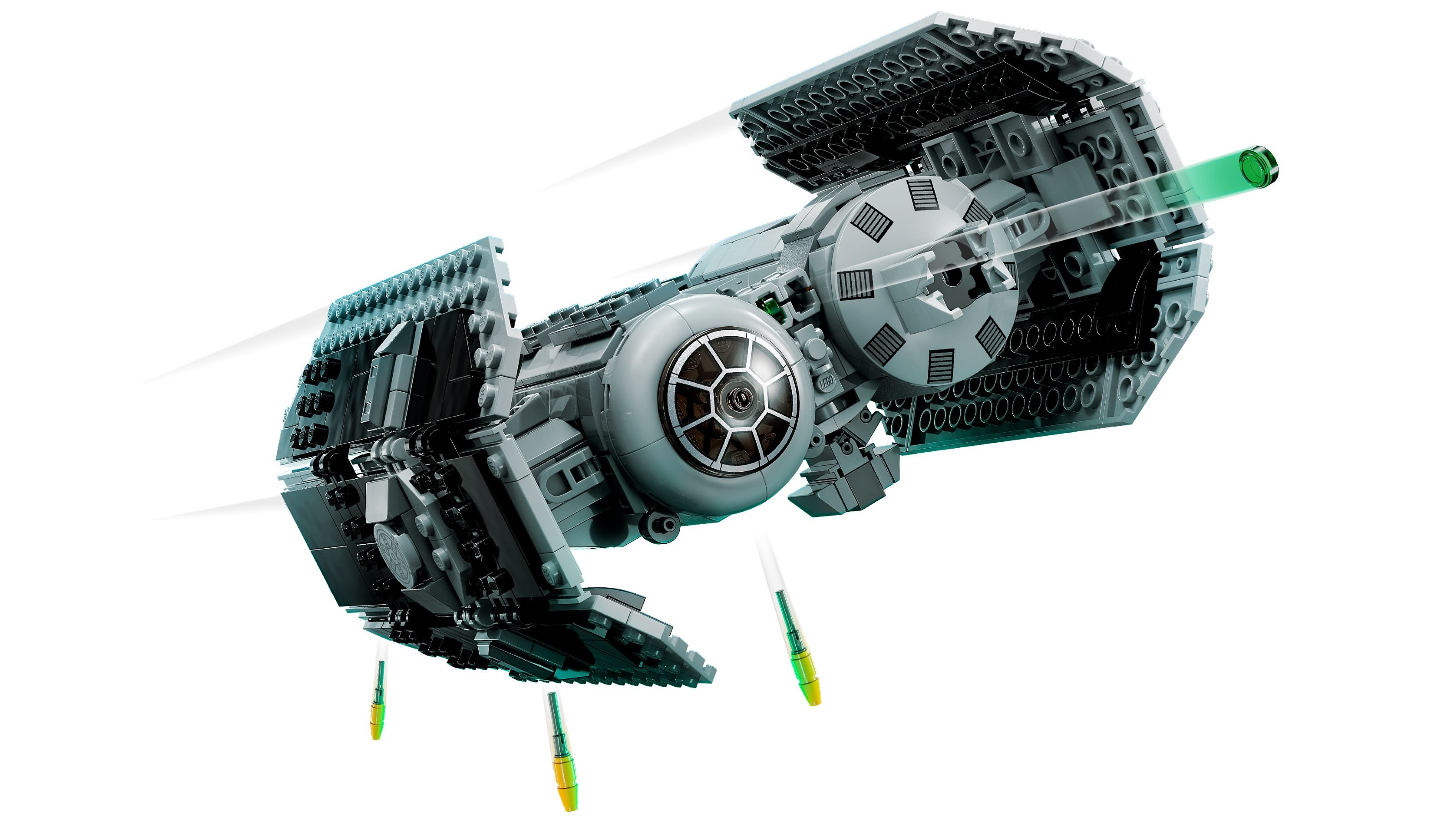 Ein graues Lego-Raumschiff mit grünen Raketen fliegt nach rechts, weiße Streifen deuten Bewegung an.