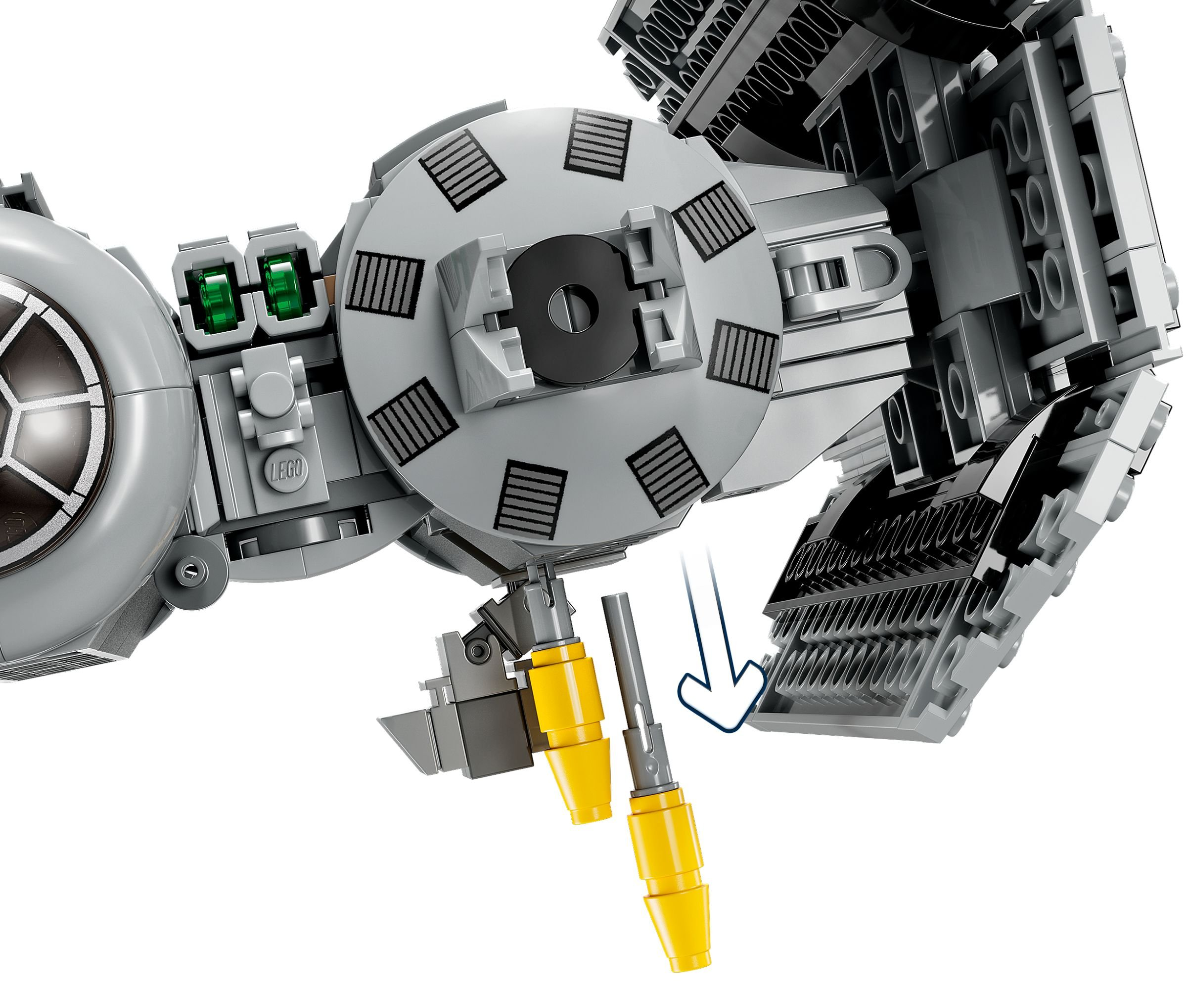 Grauer Lego-Raumschiff-Teil mit gelben Raketen und Pfeil.